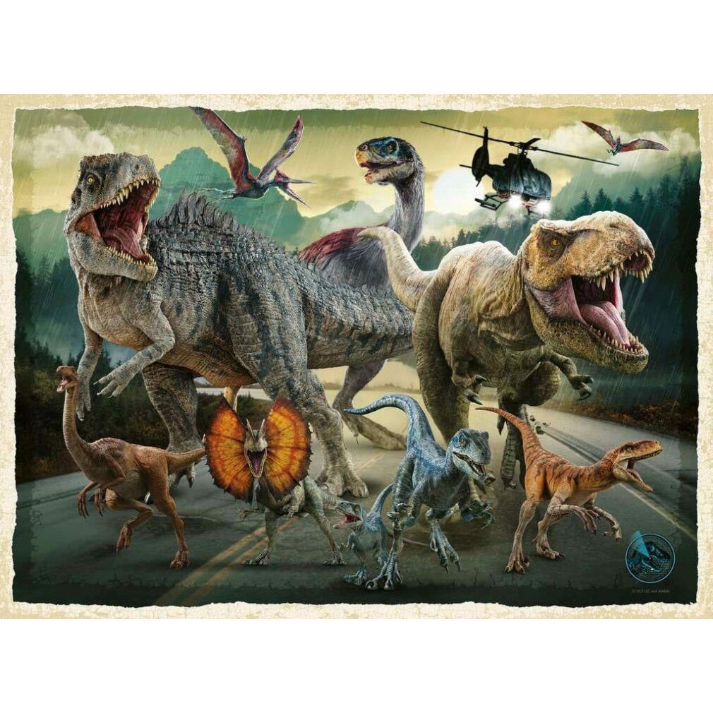 Puzzle con dinosauri di Jurassic World. Diversi dinosauri su una strada davanti a un paesaggio montano.