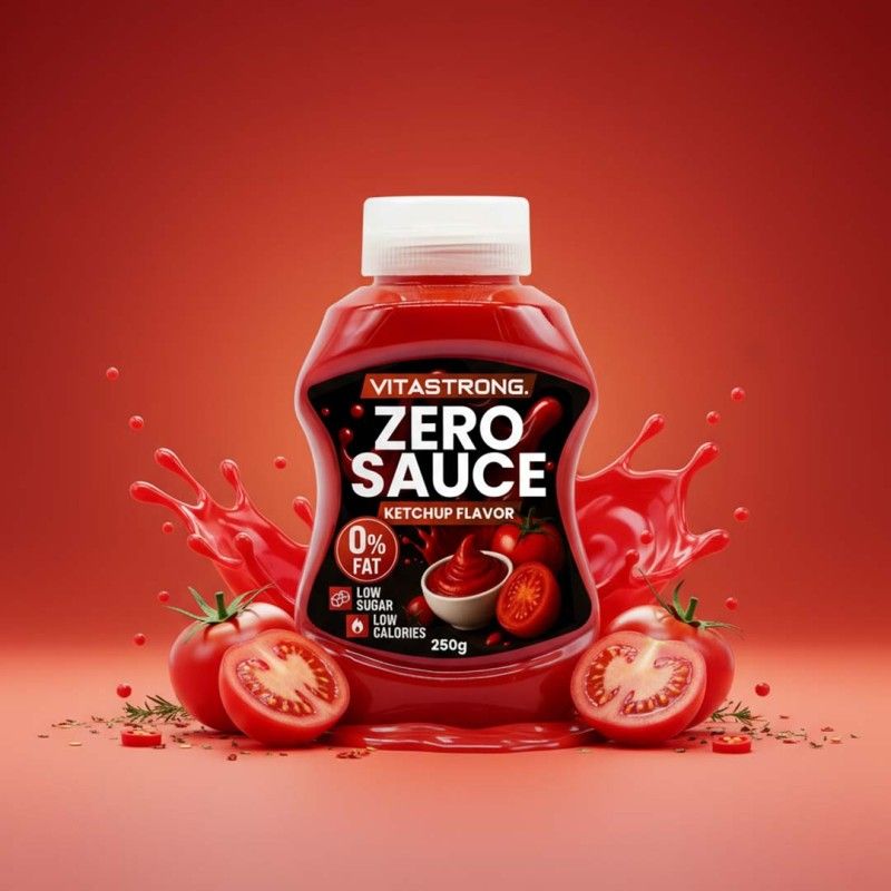 Bottiglia rossa Vitastrong Zero Sauce Ketchup Flavor con pomodori e schizzi di ketchup. Scritte: 0% grassi, a basso contenuto di zuccheri, a basso contenuto calorico. 250g.