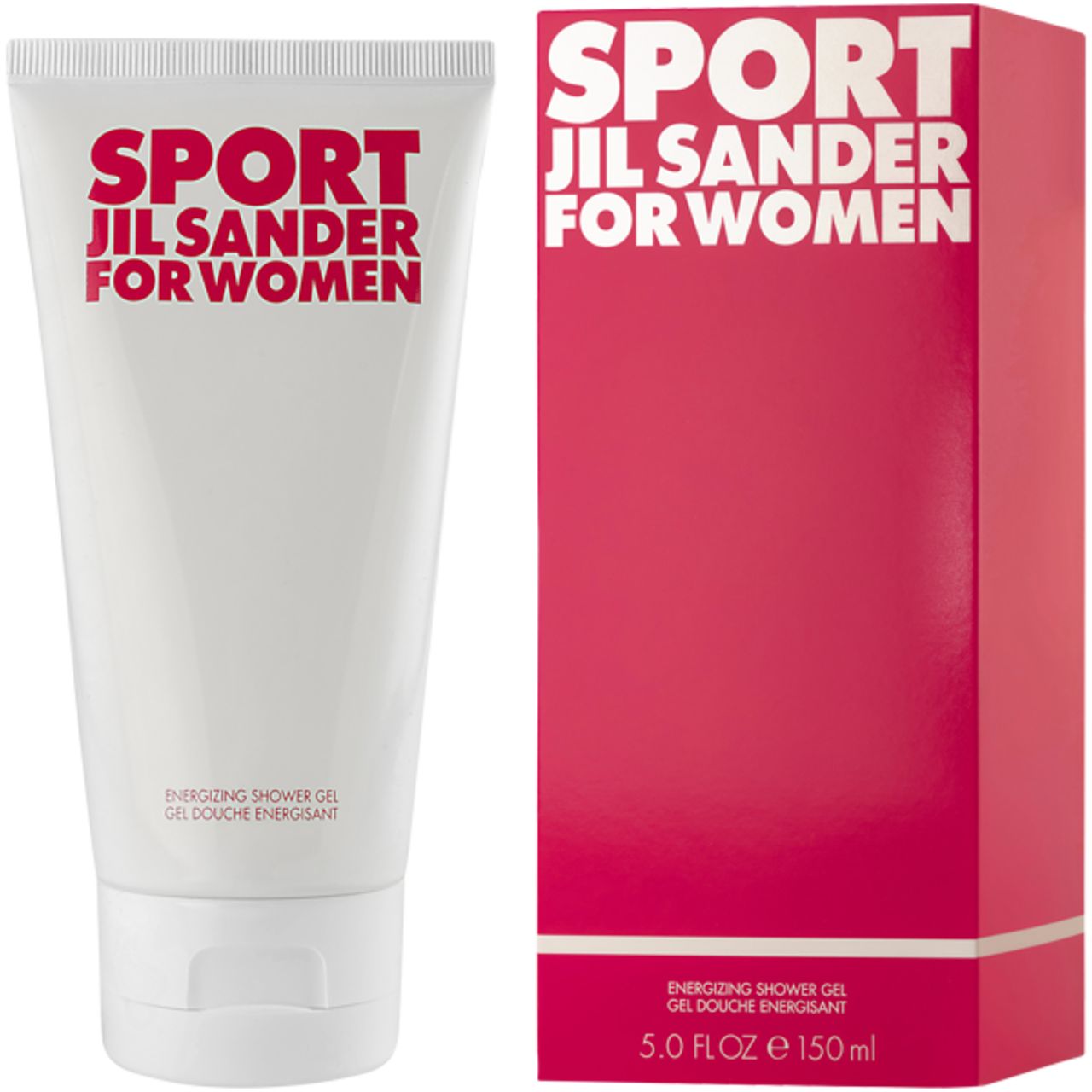 Tubo bianco e confezione rossa. Sul tubo: SPORT JIL SANDER FOR WOMEN. Sulla confezione: SPORT JIL SANDER FOR WOMEN, 5.0 FL.OZ 150ml.