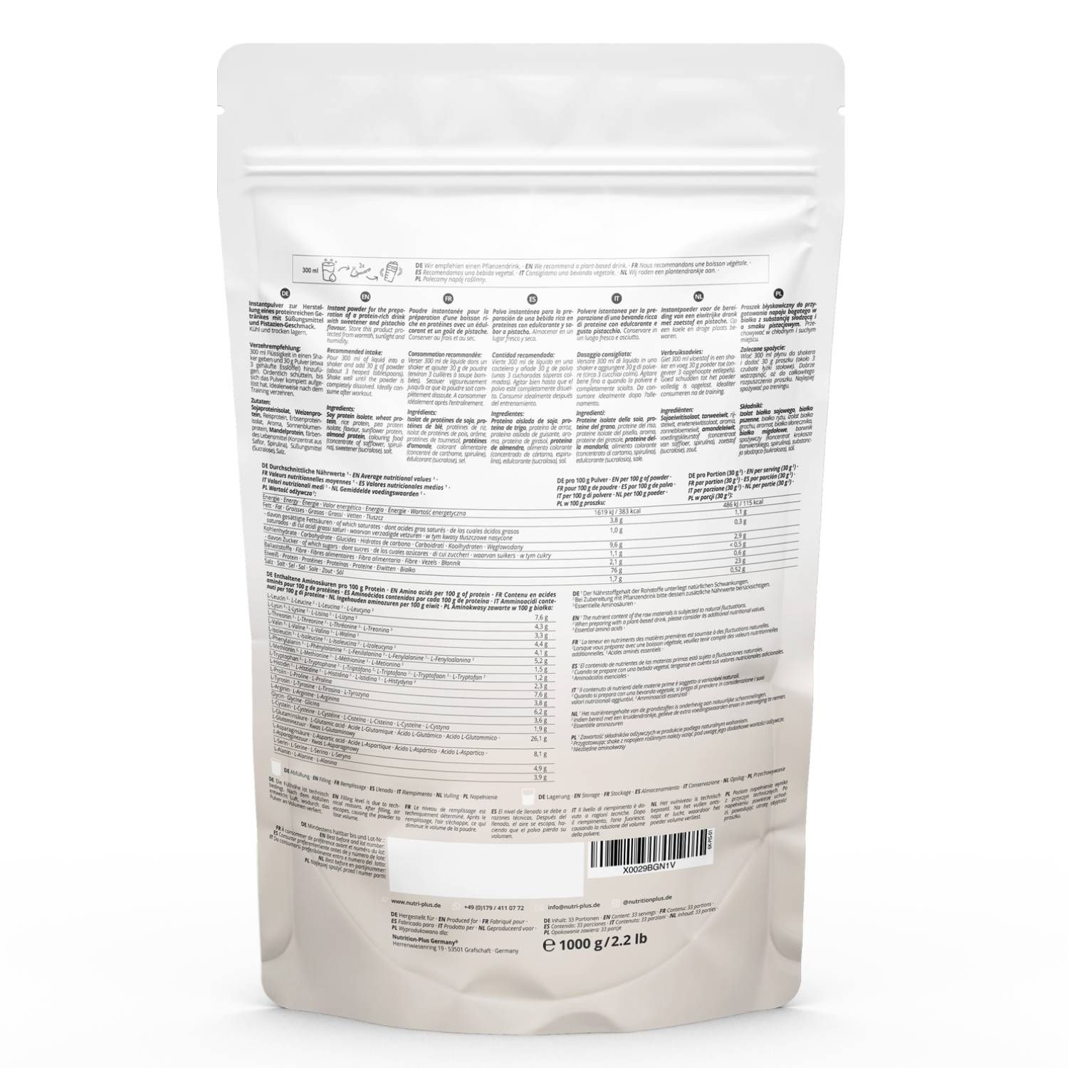 Retro della confezione nutri+ 6K PROTEIN. Contiene informazioni su ingredienti, valori nutrizionali e dettagli del produttore. Peso: 1000 g / 2.2 lb.