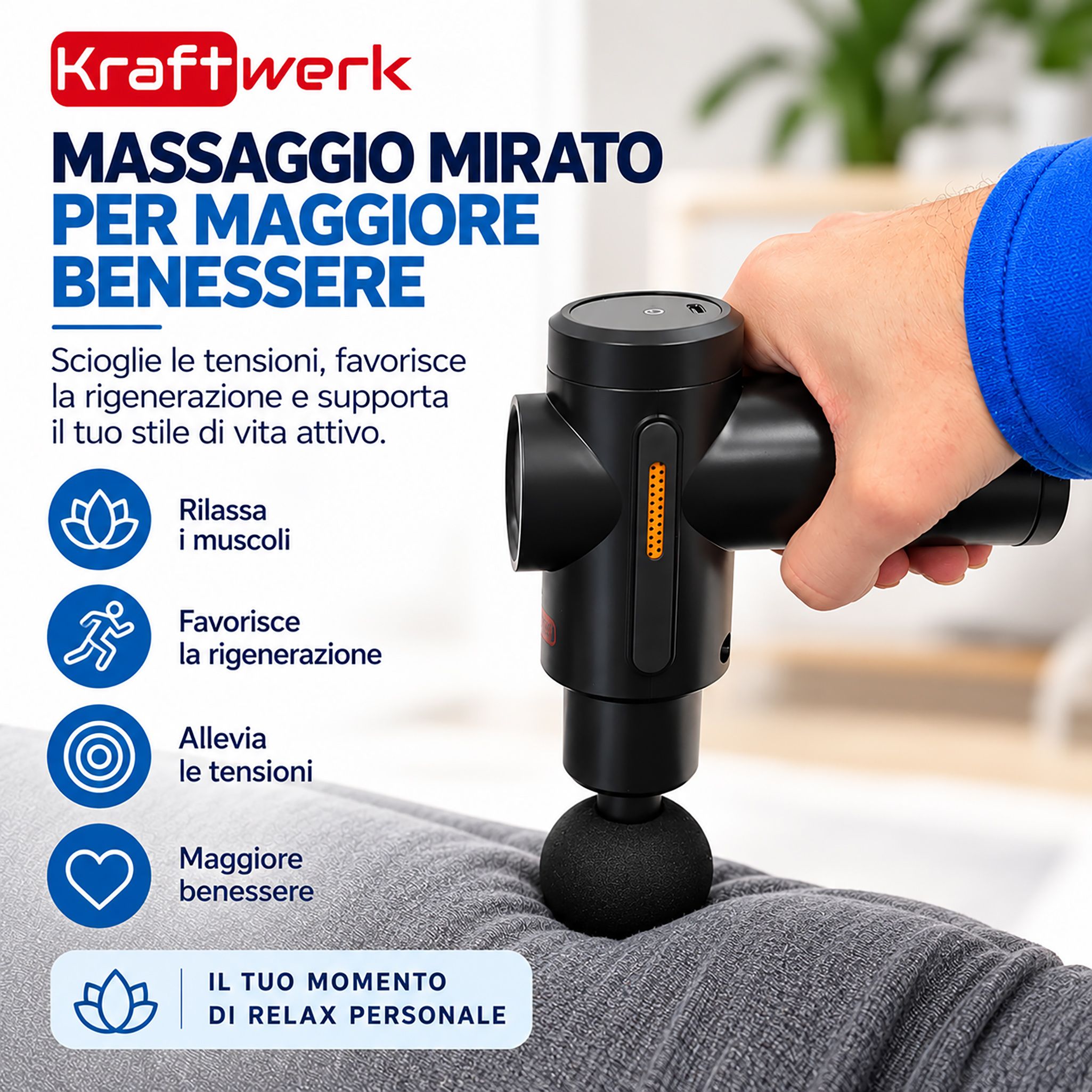 Pistola massaggiante con 4 testine, custodia e cavo USB.