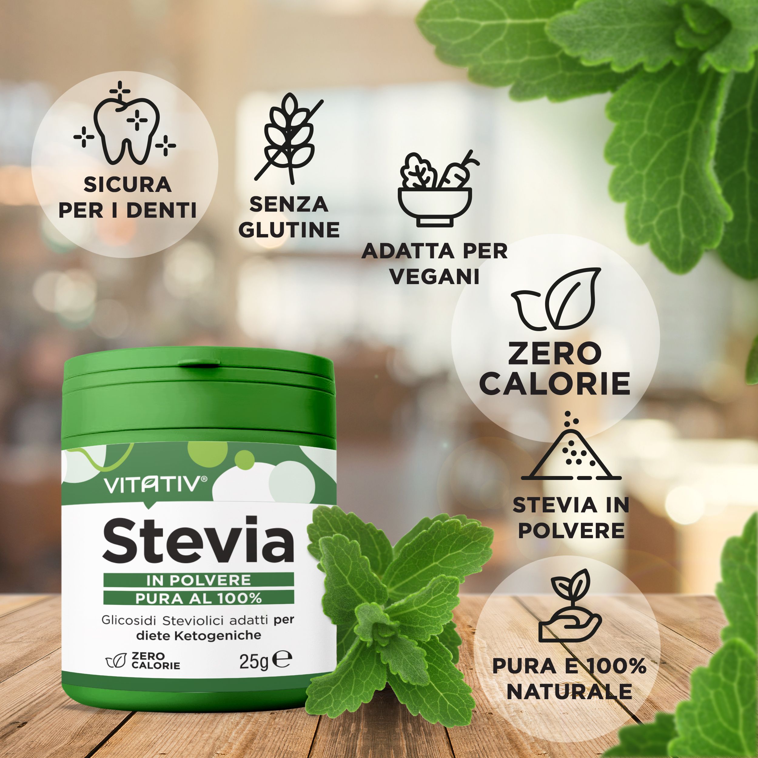 Vitativ® Stevia Pura in Polvere Sottile - Dolcificante Zero Calorie 100% Glicosidi steviolici