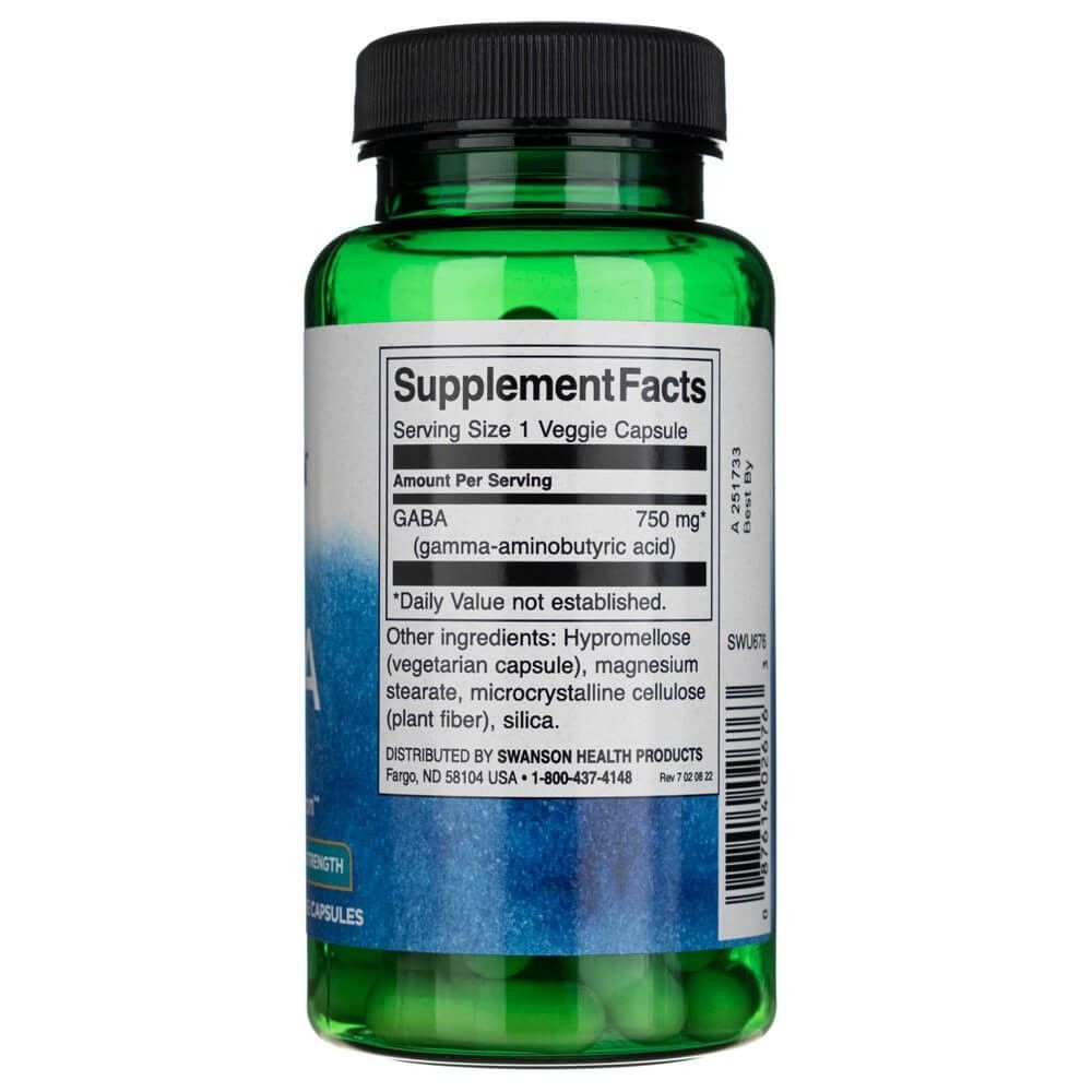 Retro del flacone Swanson GABA 750 mg con informazioni nutrizionali e ingredienti.