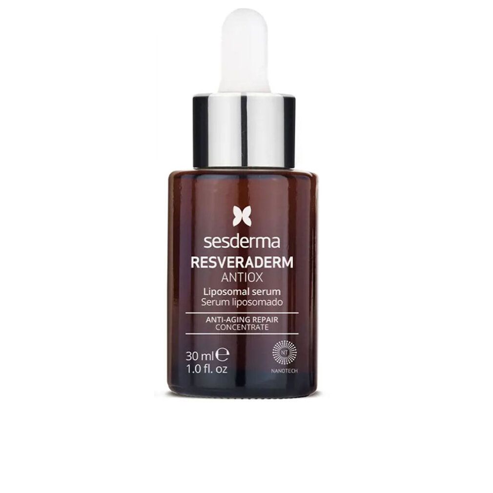 Flacone di vetro marrone con pipetta. Scritta: Sesderma Resveraderm Antiox, siero liposomiale. 30 ml.