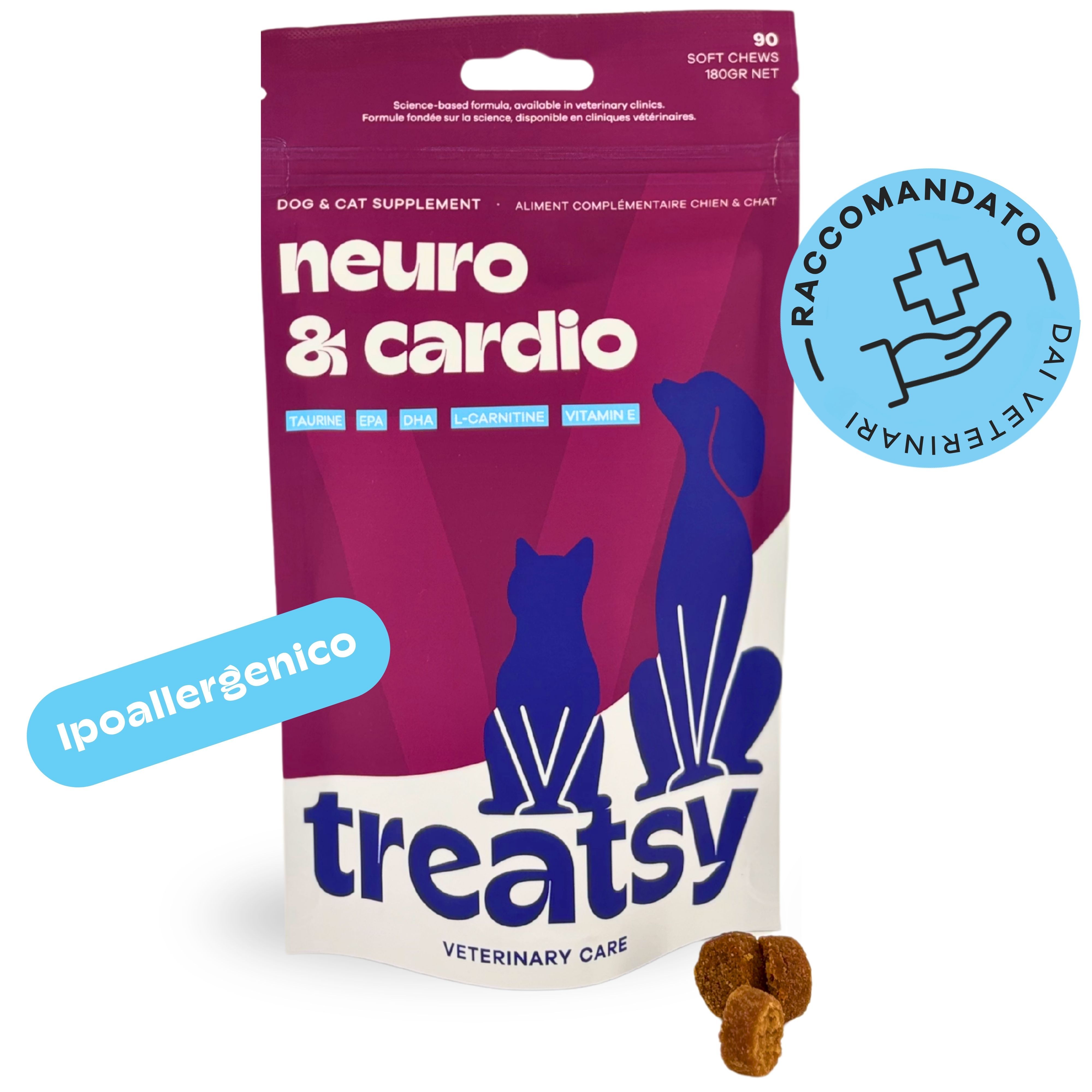 Sacchetto integratore per cani e gatti, dicitura "Neuro & Cardio", 90 morbide masticabili.