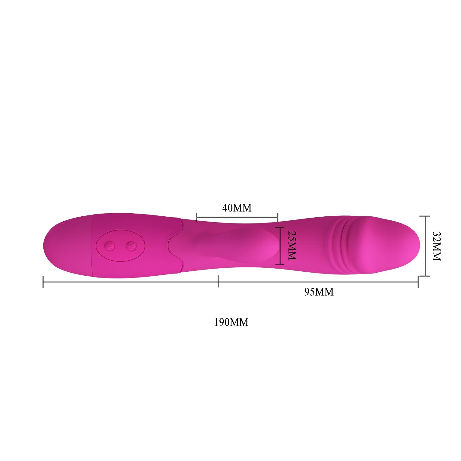 Vibratore rosa con dimensioni: 190mm lunghezza, 40mm centro, 32mm punta. Due pulsanti e un elemento più piccolo.