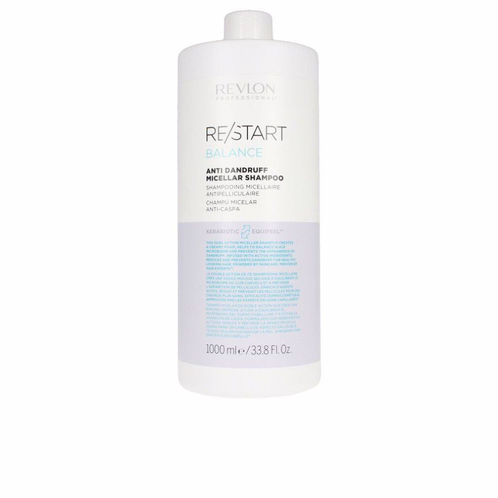 Flacone bianco Revlon Re-Start Balance Shampoo Micellare Antiforfora. Testo: Antiforfora, 1000 ml/33.8 fl oz.