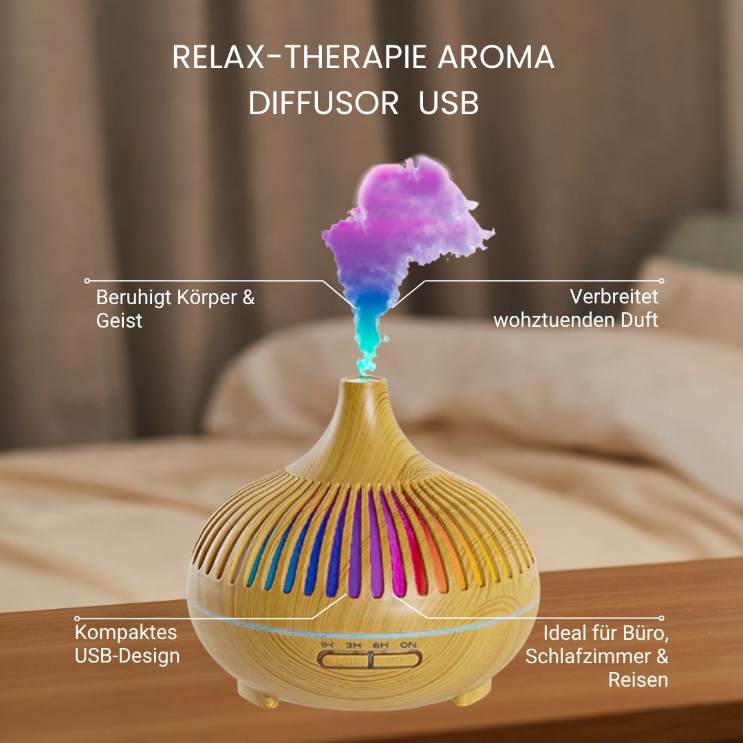 Diffusore di aromi in legno con luci LED colorate e vapore. Testo: Relax-Therapie Aroma Diffusor USB. Posizionato su un tavolo.
