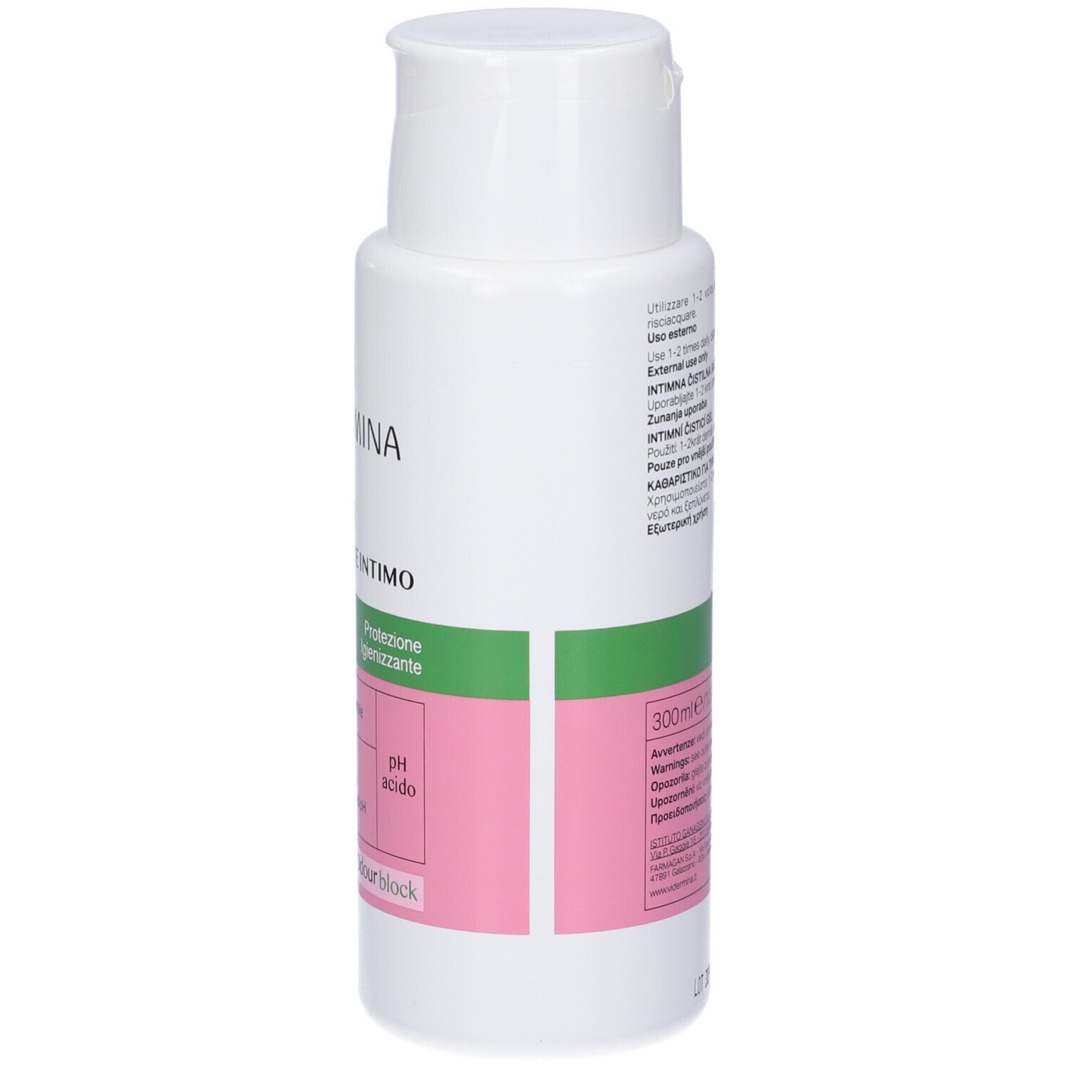 Flacone Vidermina CLX-attiva Detergente intimo, fronte con informazioni prodotto e pH.