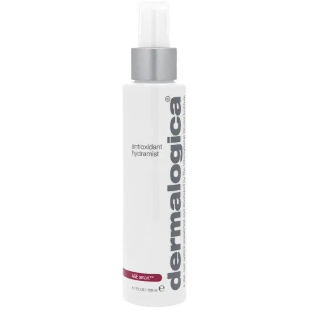 Flacone bianco con vaporizzatore. Scritta: antioxidant hydramist. Marchio: Dermalogica. Striscia rossa con testo.