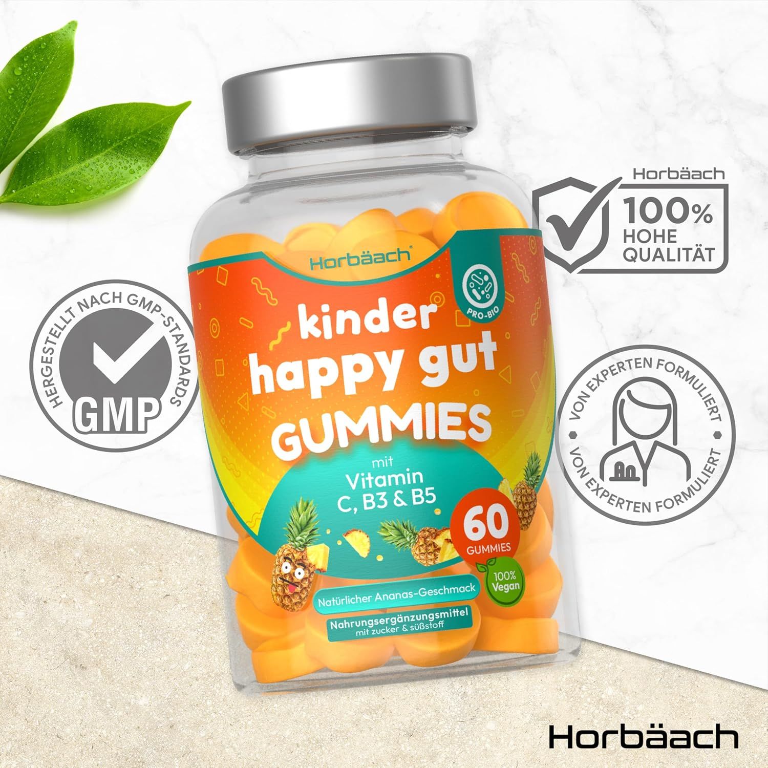 Barattolo di caramelle gommose. Scritta: kinder happy gut GUMMIES con Vitamina C, B3 & B5. 60 caramelle. Standard GMP. Alta qualità.