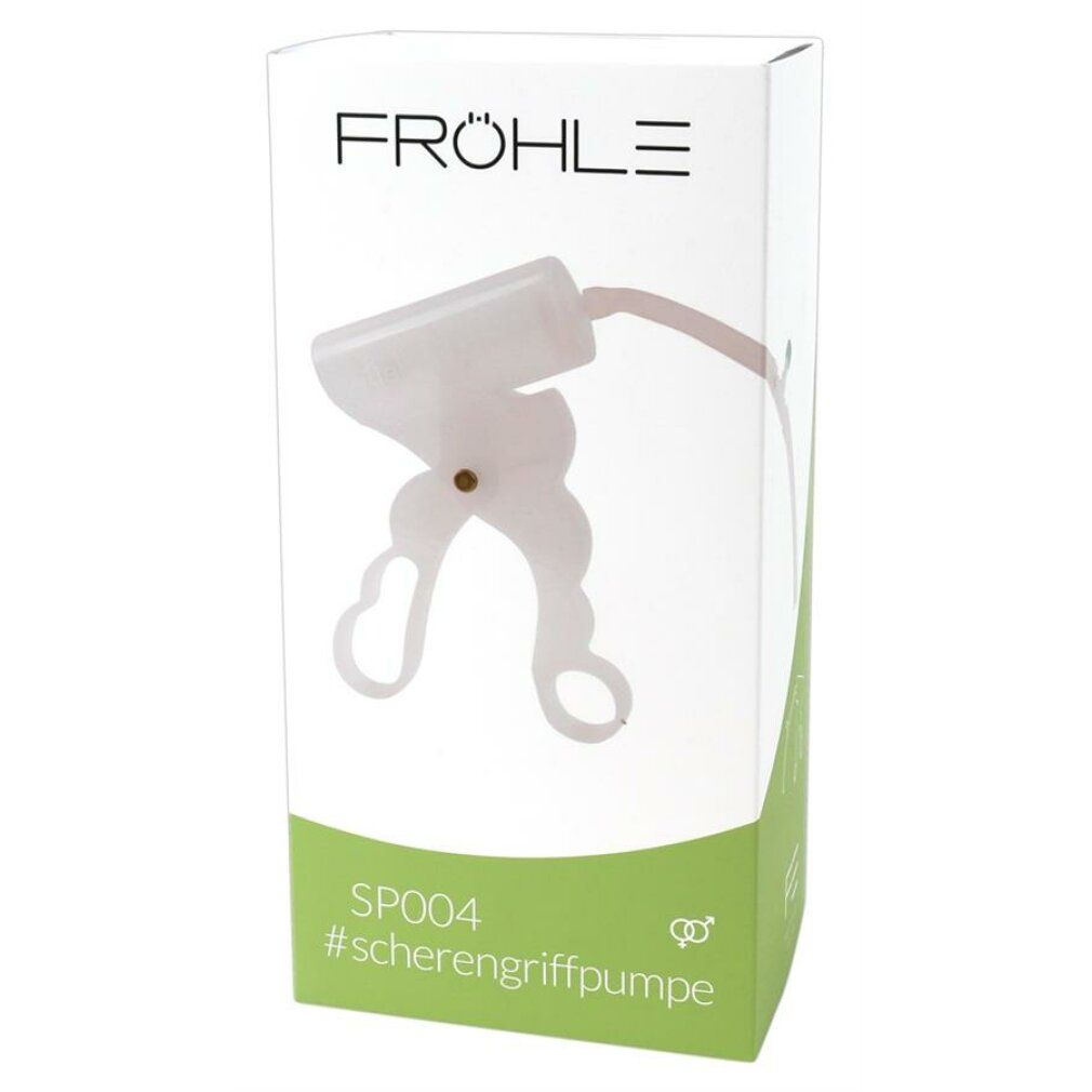 Confezione del prodotto Fröhle SP004 Scherengriffpumpe. Prodotto bianco su scatola verde e bianca. Scritta Fröhle, SP004, #scherengriffpumpe.