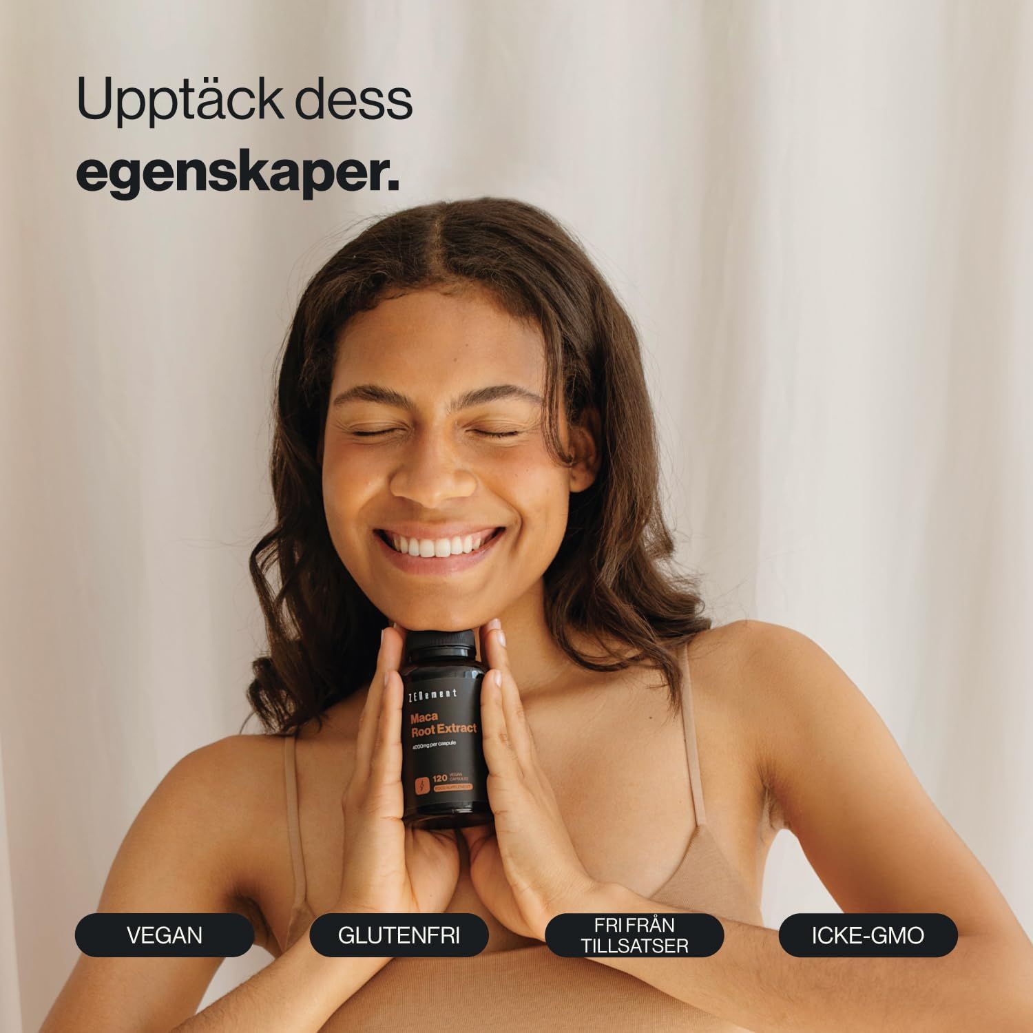 Una donna tiene in mano una bottiglia di Zenement Maca-Wurzel Extrakt. La bottiglia indica "Vegano", "Senza glutine", "Senza additivi" e "Non OGM".