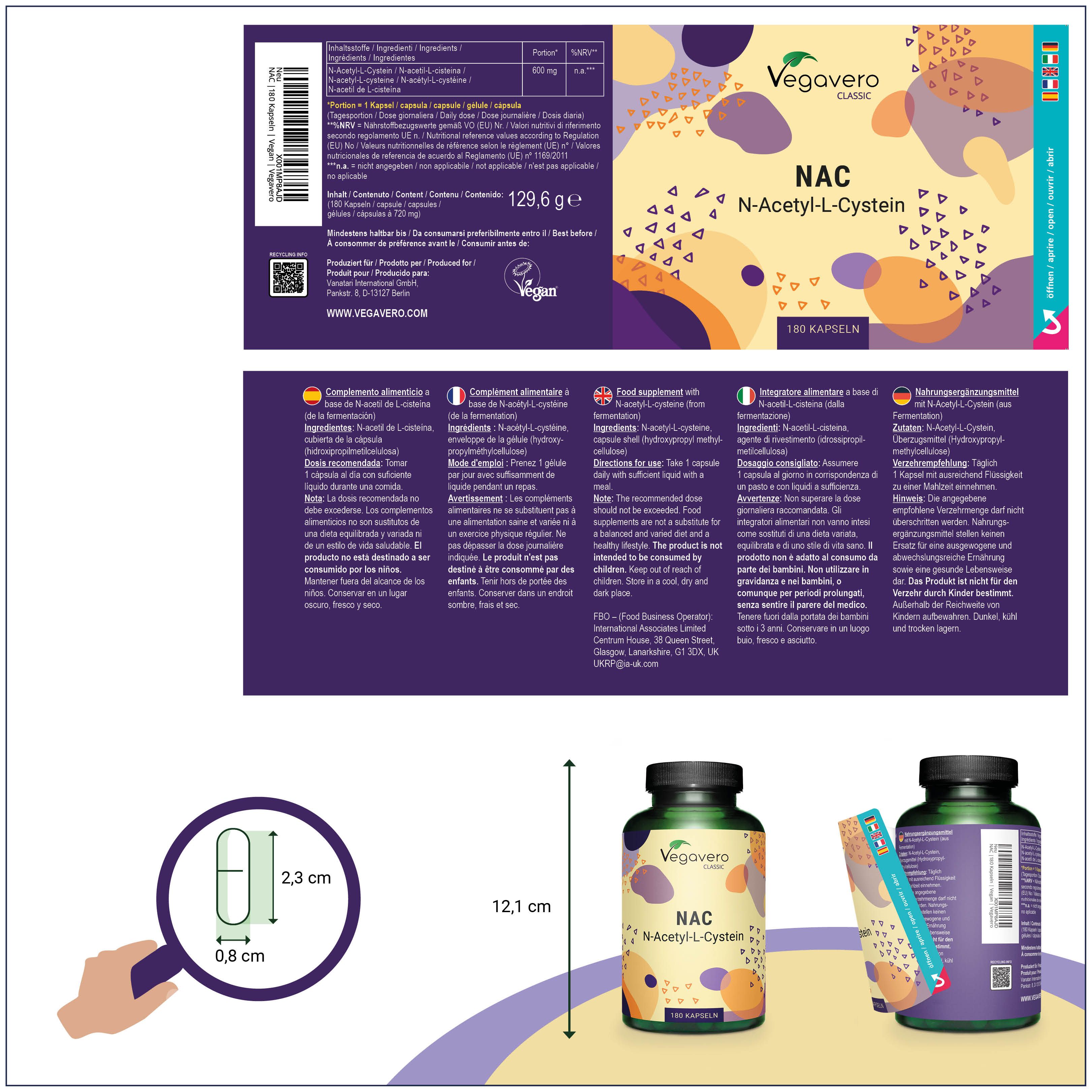 Confezione del prodotto con flacone e immagine della capsula. Scritta: Vegavaro Classic, NAC, N-Acetil-L-Cisteina. Informazioni ed etichette aggiuntive.