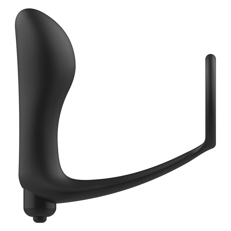 Vibratore anale nero con anello per il pene. Forma curva con anello. Su sfondo bianco.