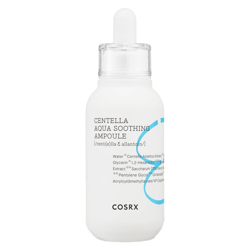Flacone bianco con contagocce. Scritta: Centella Aqua Soothing Ampoule, COSRX. Elementi blu e lista ingredienti.