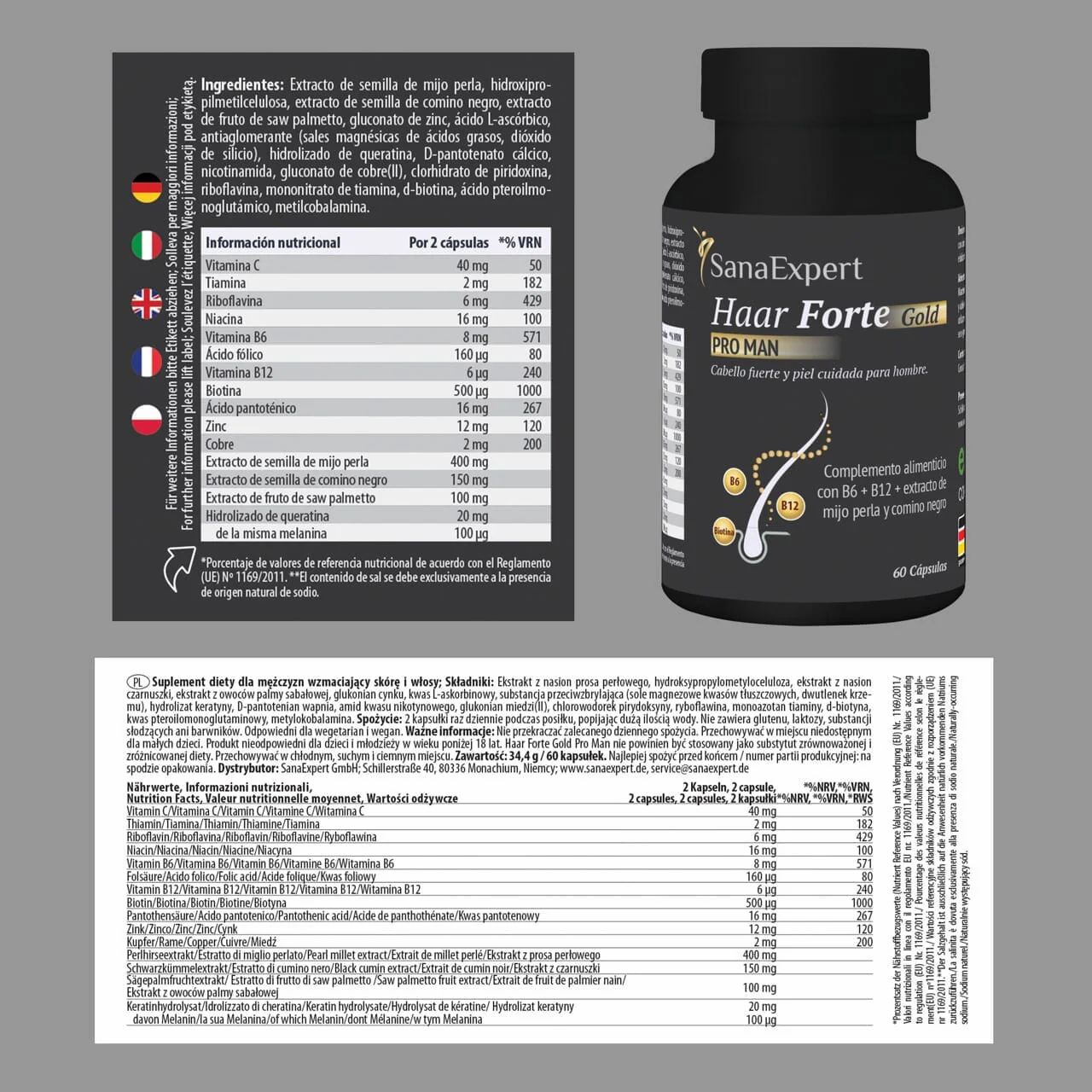 Flacone SanaExpert Haar Forte Gold Pro Man e informazioni sul prodotto. Tabella nutrizionale e ingredienti.