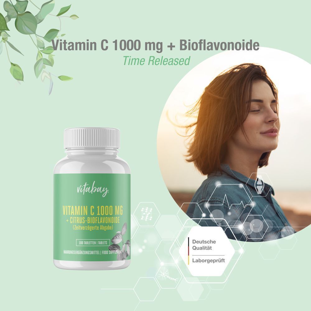 Flacone di Vitamina C 1000 mg + Bioflavonoidi, a rilascio prolungato. Qualità tedesca, testato in laboratorio.