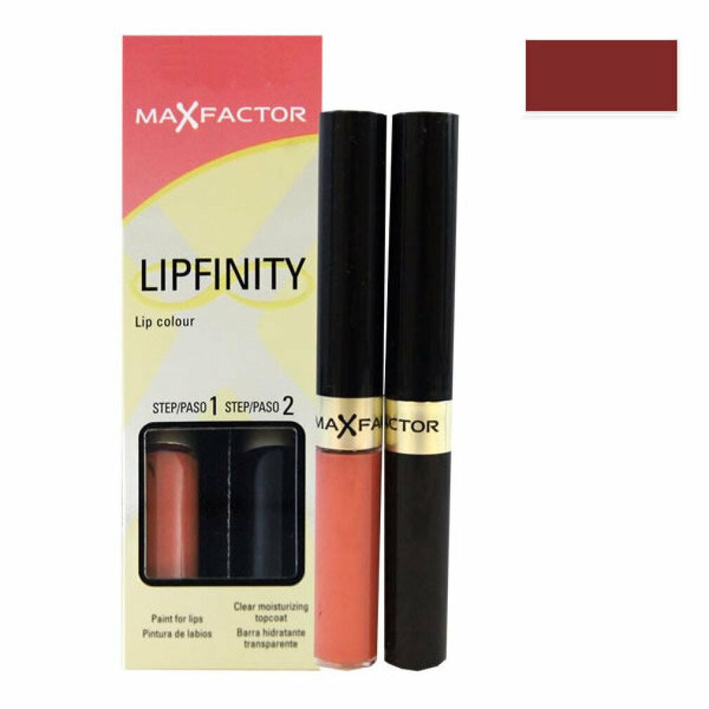 Max Factor Lipfinity Lip Colour. Due rossetti e una confezione. Sulla confezione è scritto "STEP 1/PASO 1 STEP/PASO 2".