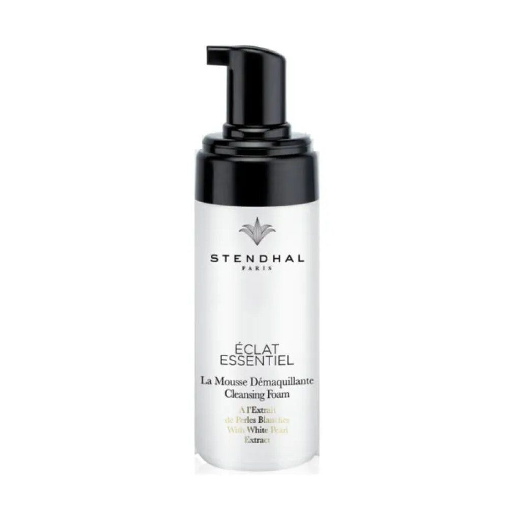 Flacone bianco e nero con erogatore a pompa. Testo: Stendhal, Éclat Essentiel, La Mousse Demaquillante, Cleansing Foam.