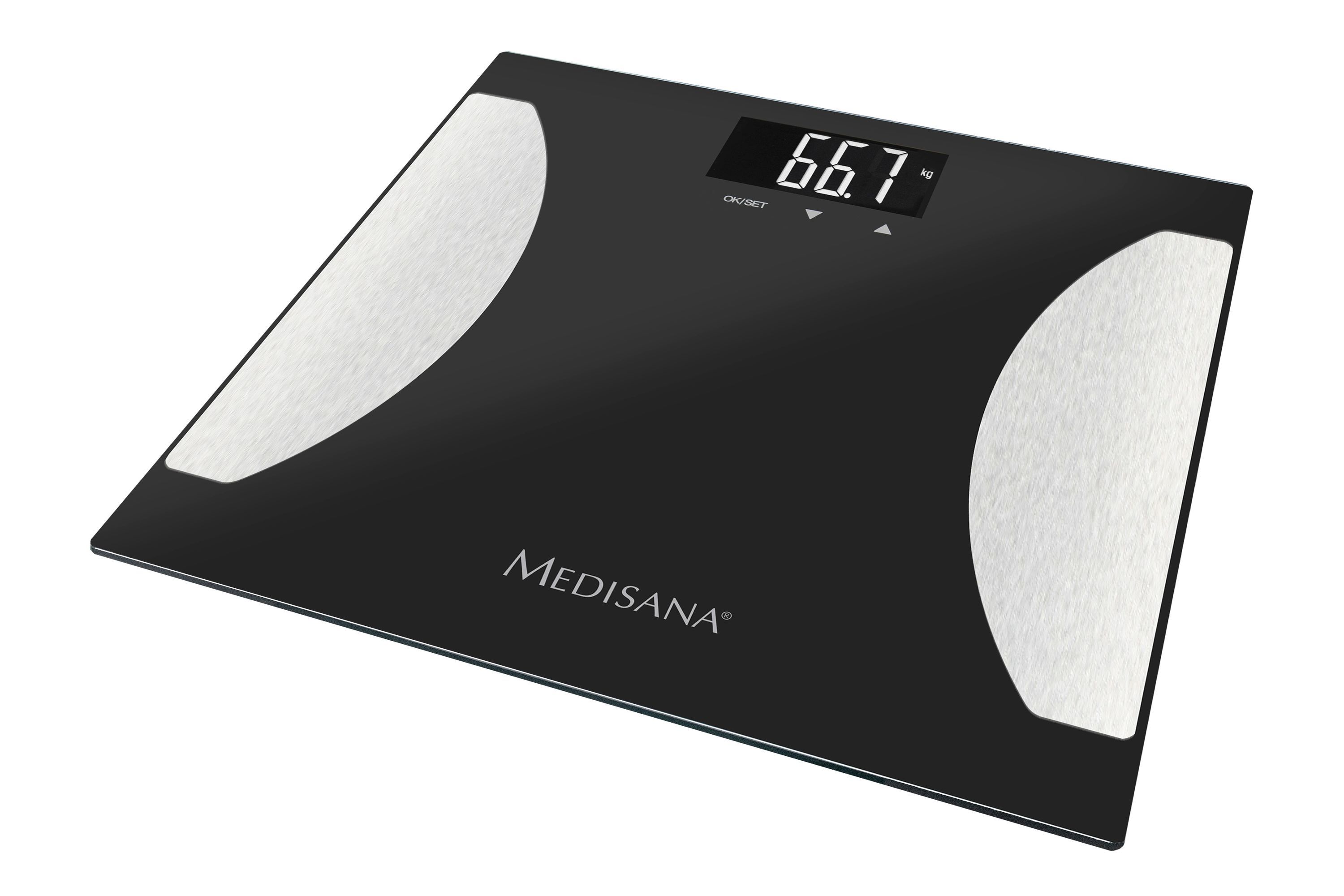 Bilancia per analisi corporea nera con display 66.7. Marca: Medisana. Vista obliqua.