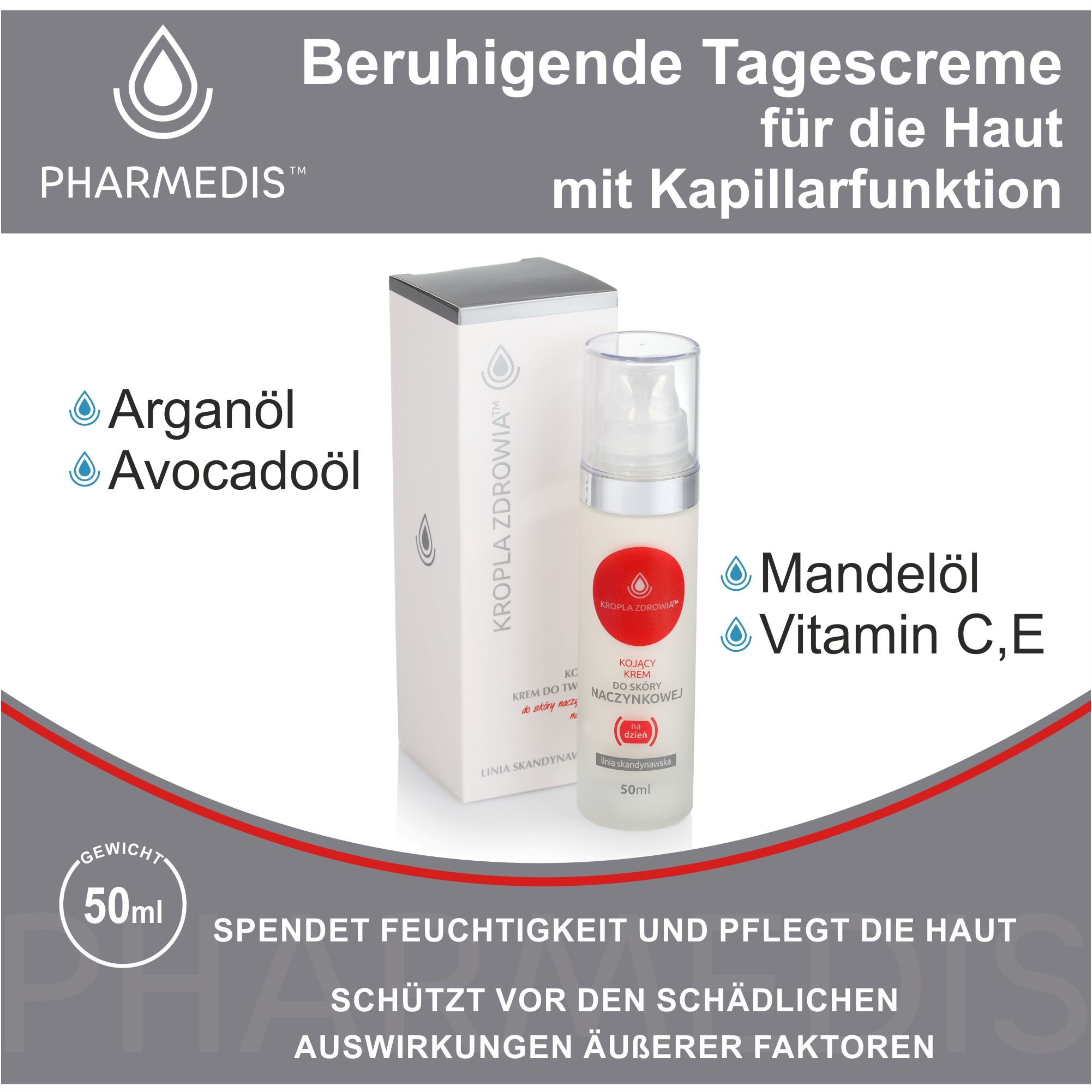 Flacone di crema e scatola. Testo: Crema giorno lenitiva per la pelle con funzione capillare. Scritta: Kropla Zdrowia. 50ml. Ingredienti: Olio di argan, avocado, mandorle, vitamine.