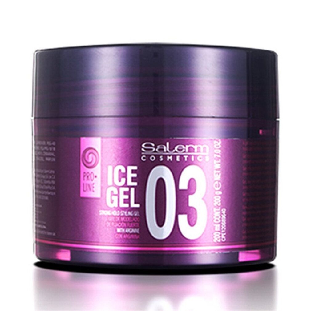 Barattolo rotondo con etichetta rosa. Scritta: Salerm Cosmetics Ice Gel 03. Contiene 200 ml. Logo Pro-Line.
