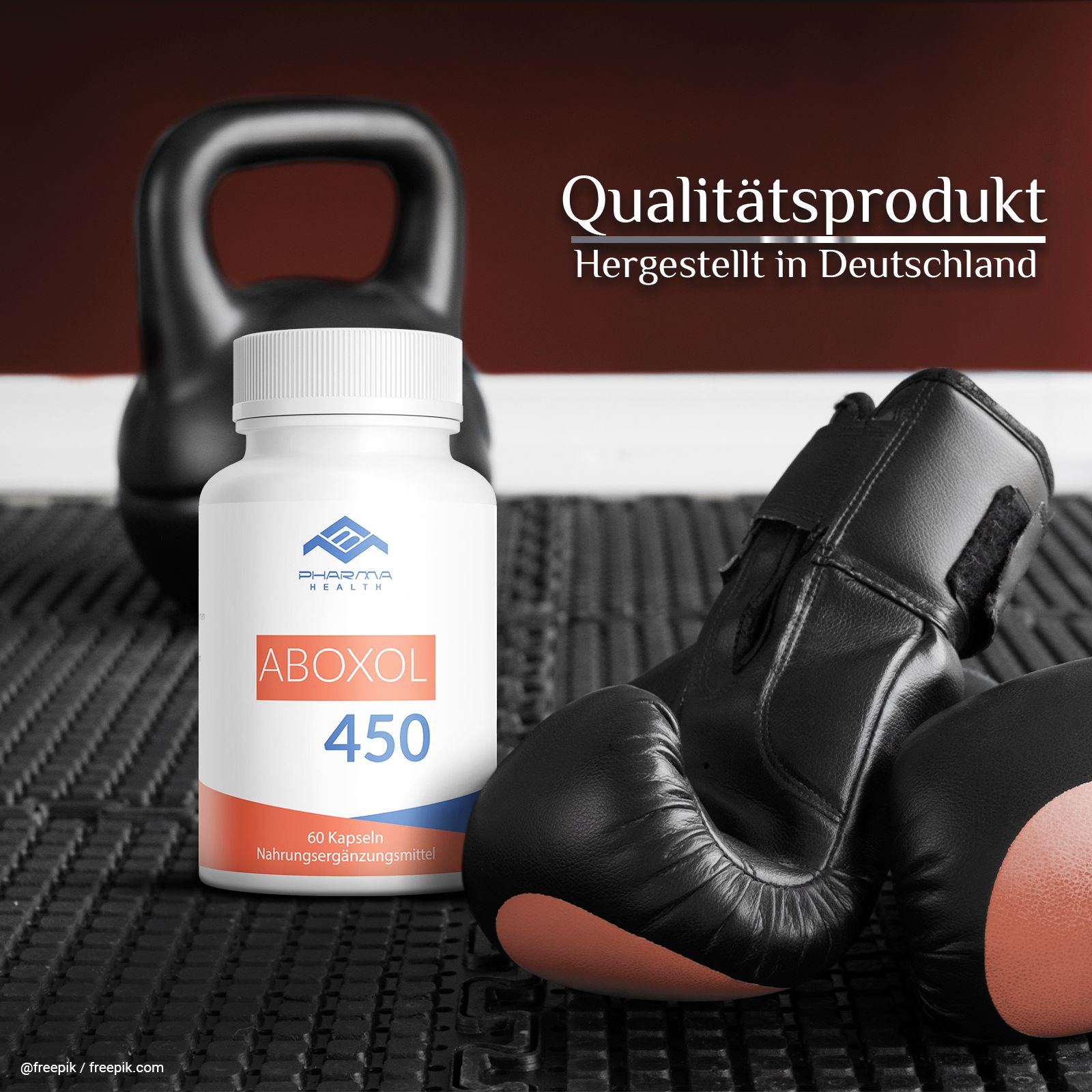 Capsule Aboxol 450 accanto a guantoni da boxe e kettlebell. Prodotto di qualità, made in Germany.