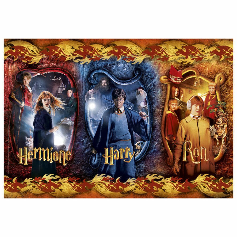 Puzzle con Harry, Ron e Hermione. 104 pezzi. Immagine dei tre personaggi. Logo Clementoni.