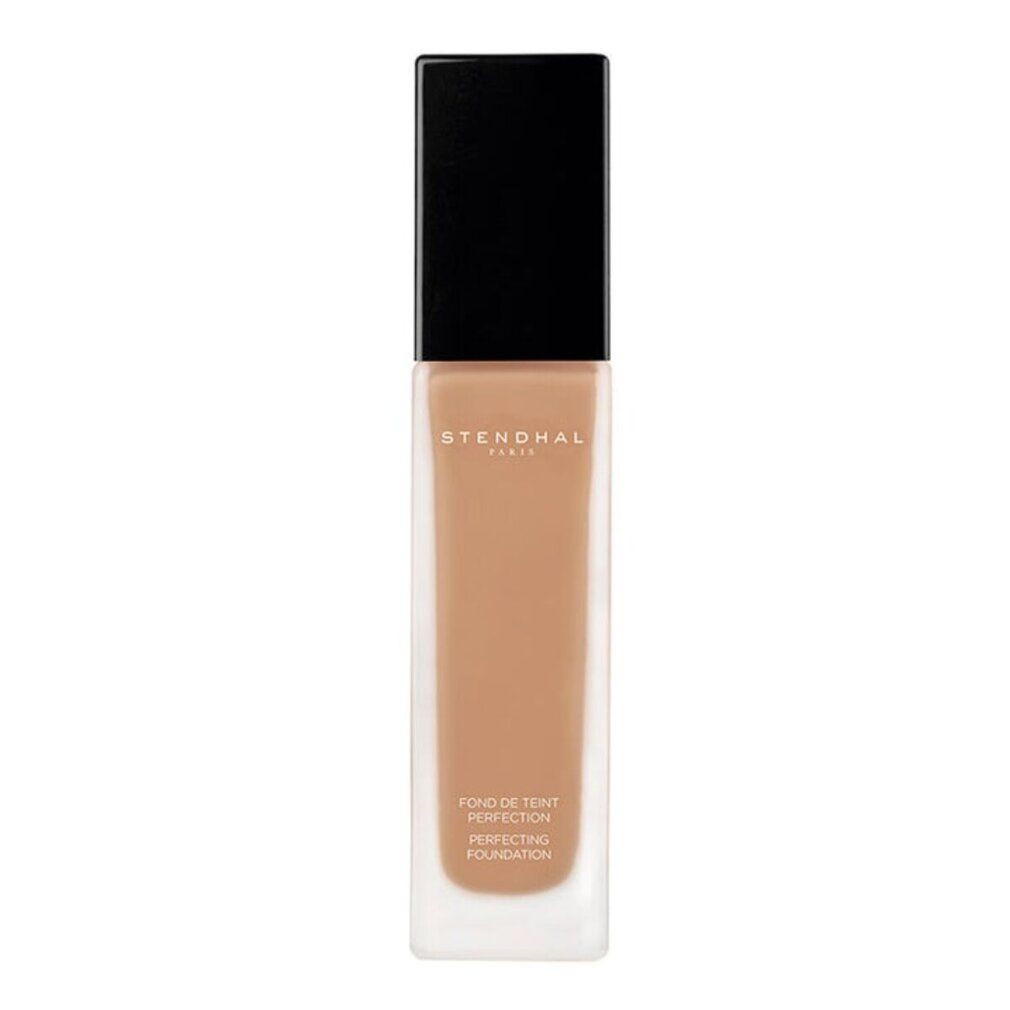 Flacone di fondotinta beige. Tappo nero. Scritta: Stendhal Paris, Fond de Teint Perfection, Perfecting Foundation.