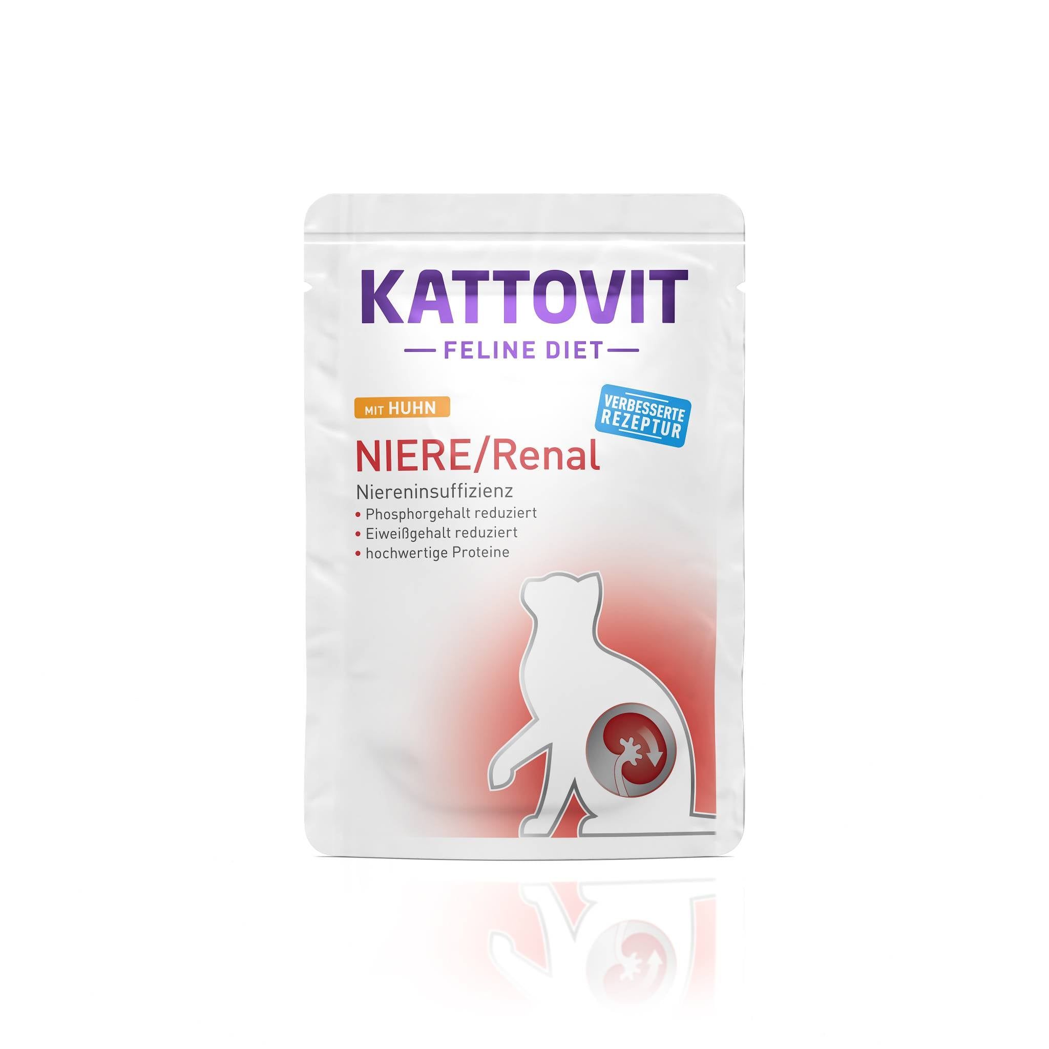 KATTOVIT Niere-Renal Huhn. Confezione bianca con nome del prodotto e illustrazione di un gatto con reni. Testo: Insufficienza renale, fosforo ridotto, proteine ridotte.