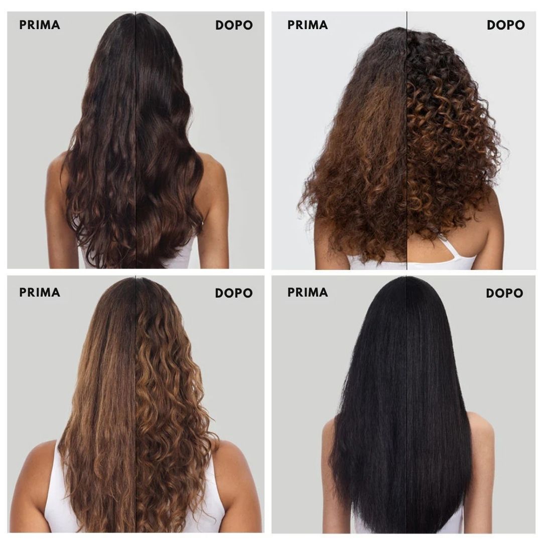 Quattro immagini mostrano i capelli prima e dopo l'uso. Diversi tipi di capelli.