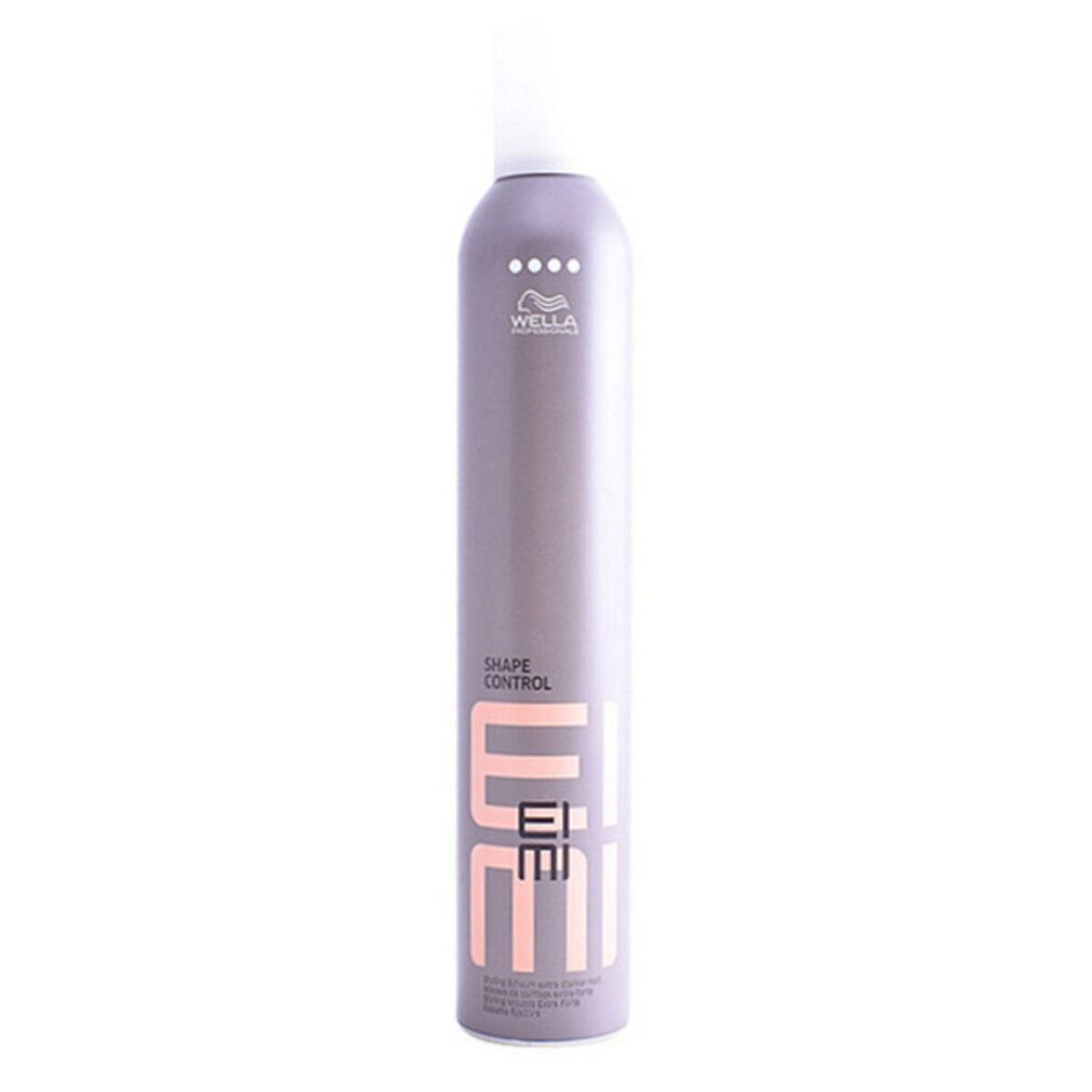 Flacone spray grigio con tappo bianco. Scritta EIMI, Shape Control. Marchio Wella. Quattro punti bianchi in alto.