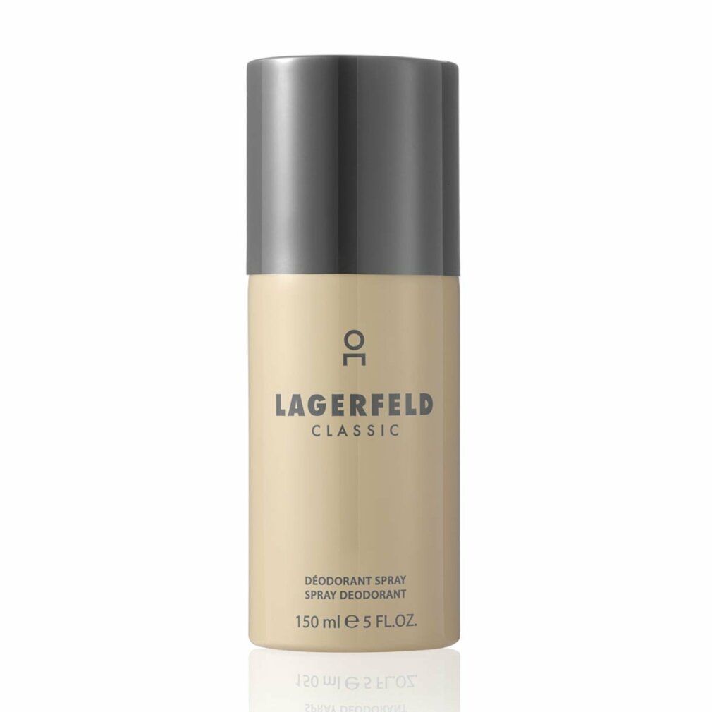 Flacone spray deodorante. Cilindro beige con tappo grigio. Scritta: LAGERFELD CLASSIC, Deodorant Spray, 150 ml e 5 FL.OZ.