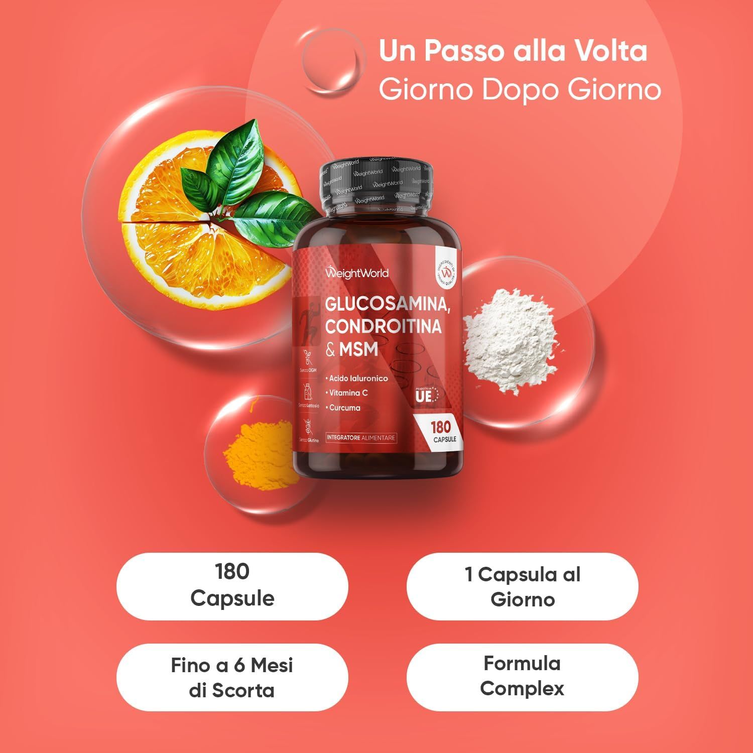 Flacone di capsule e ingredienti. Testo: 180 capsule, fino a 6 mesi di scorta, 1 capsula al giorno, Formula Complessa.