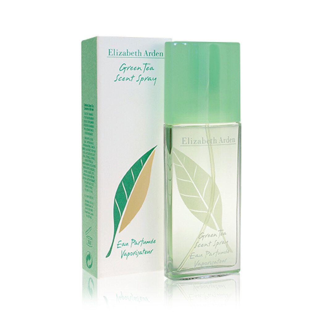 Green Tea Scent Spray e confezione. Flacone e scatola rettangolari. Logo foglia e nome del prodotto su entrambi.
