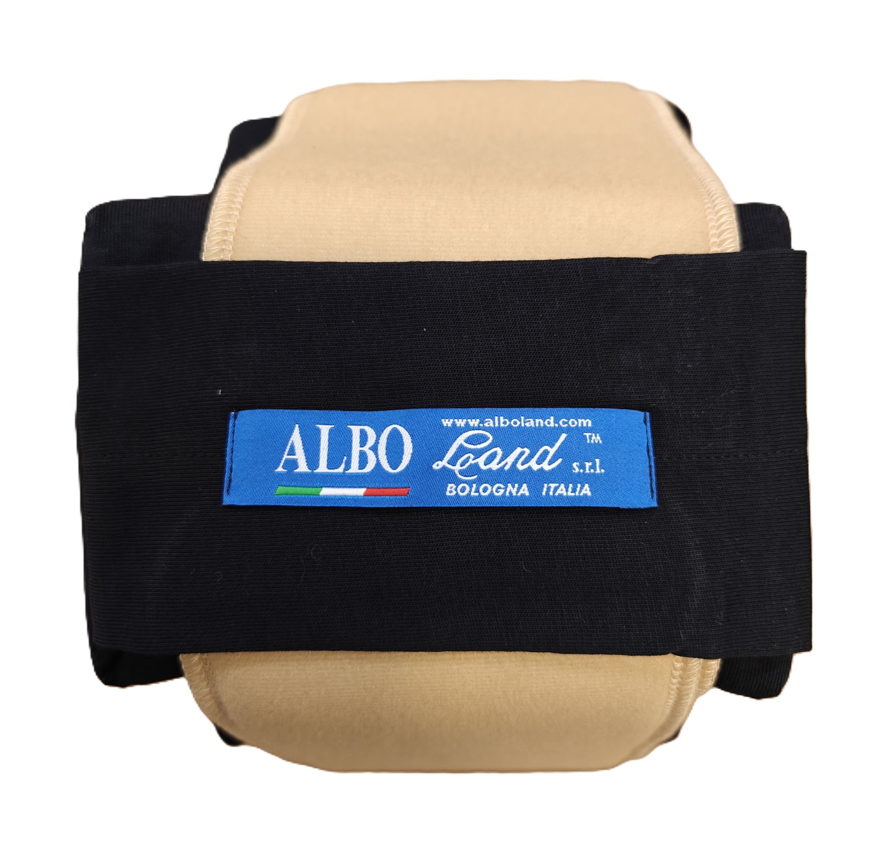 Dispositivo medico beige e nero. Etichetta blu con "ALBO Land" e bandiera italiana. Testo: Bologna, Italia.