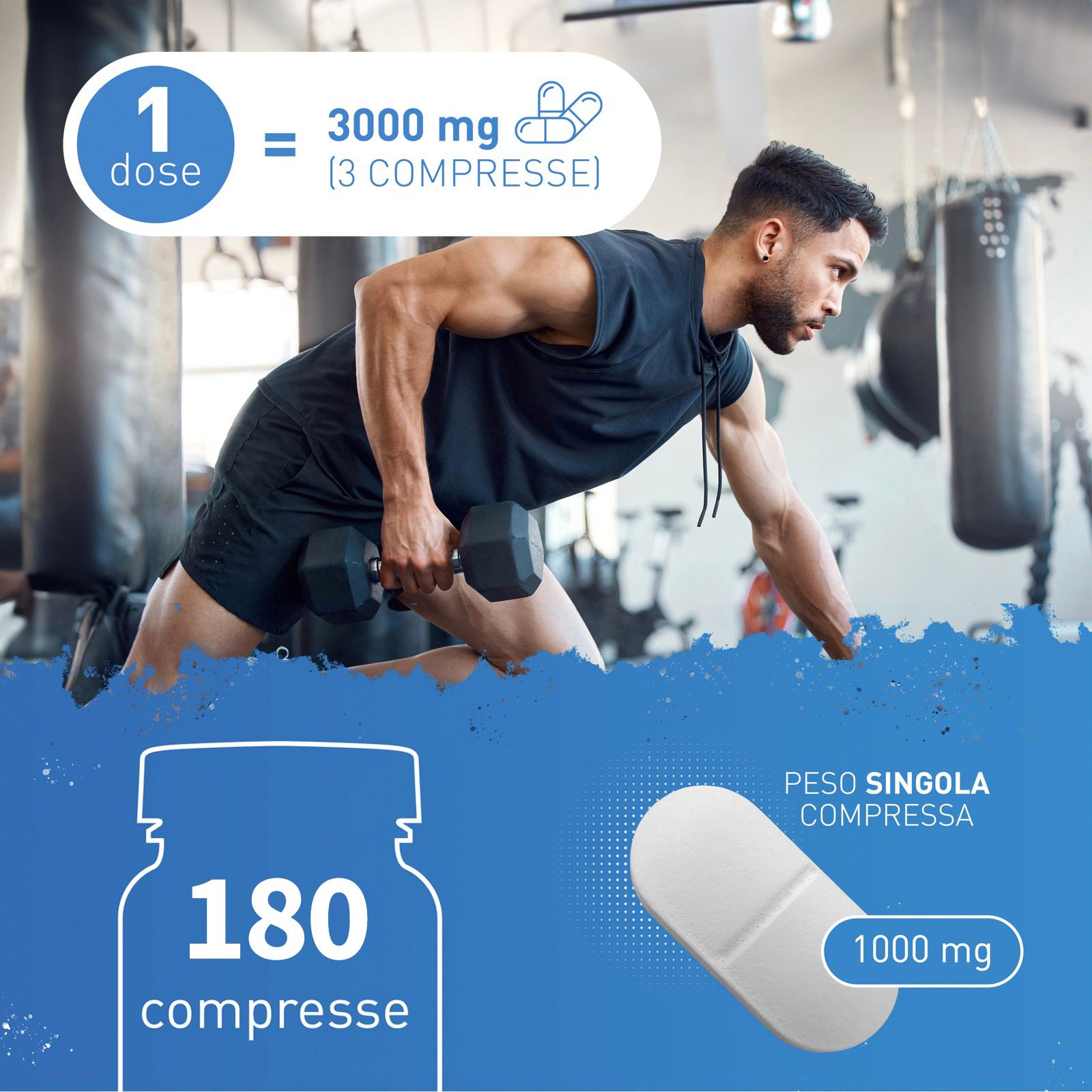 Uomo che si allena con manubri. Grafica: 180 compresse, 1 compressa = 1000 mg, 1 dose = 3000 mg (3 compresse).