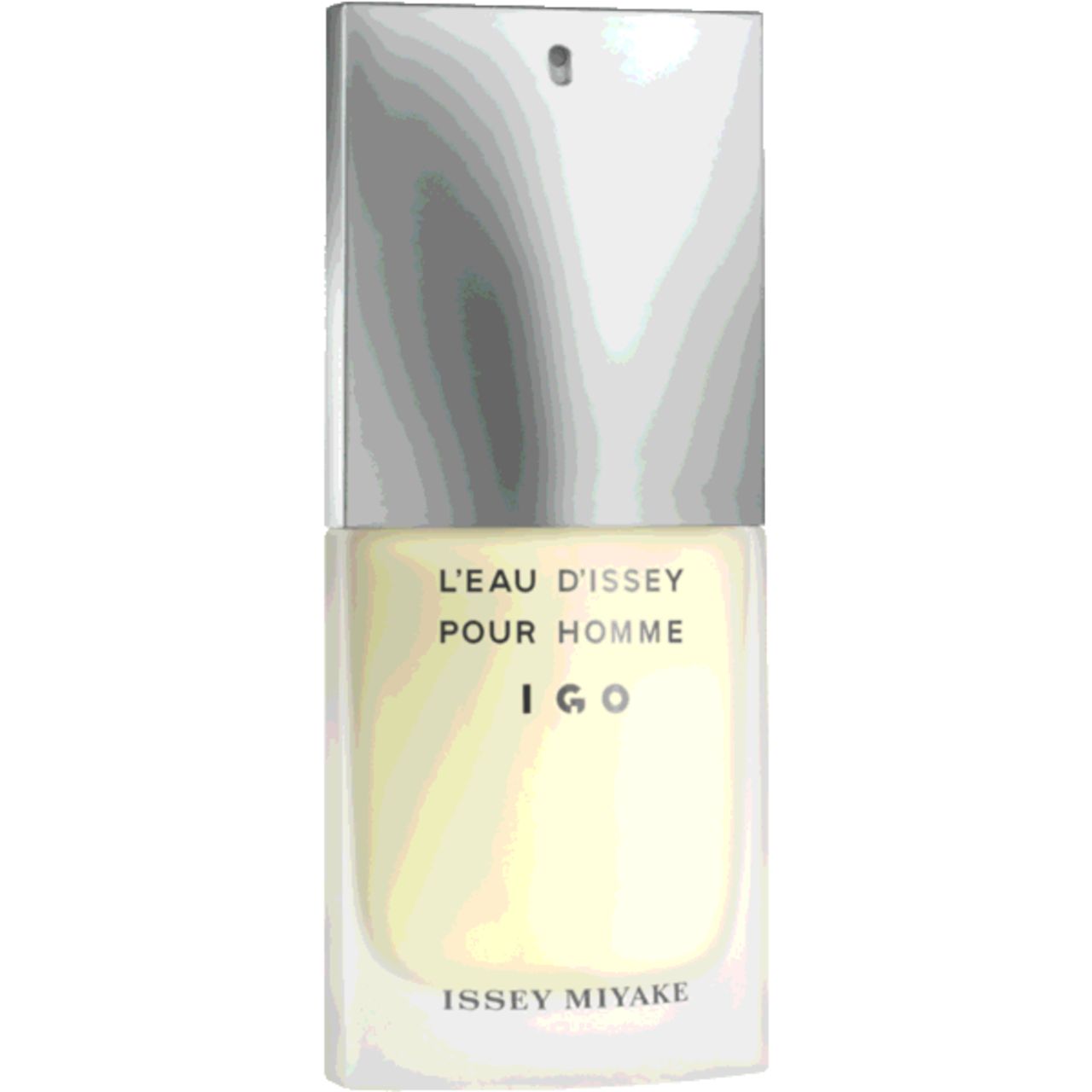 Flacone rettangolare con tappo argentato. Scritta: L'Eau d'Issey Pour Homme IGO. Marchio: Issey Miyake.