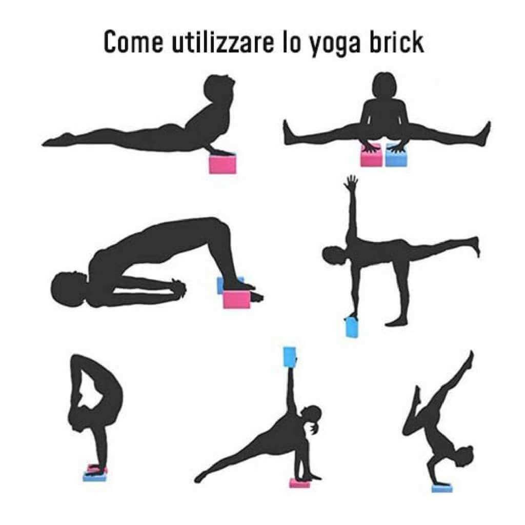 Illustrazione: posizioni yoga con blocchi. Vengono mostrate diverse posizioni.