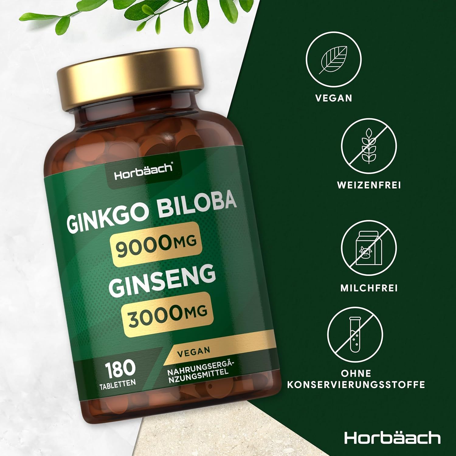 Flacone marrone con testo verde. Contiene compresse di Ginkgo Biloba e Ginseng. 180 compresse, vegano, senza glutine, senza latte.