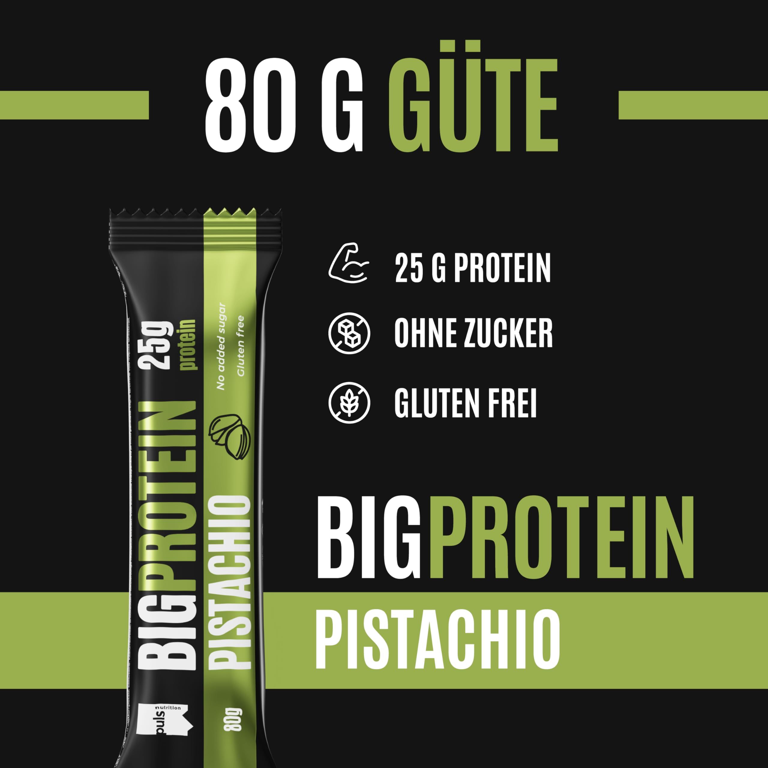 Barretta Puls Nutrition Big Protein Pistacchio, 80g. 25g di proteine, senza zuccheri, senza glutine.