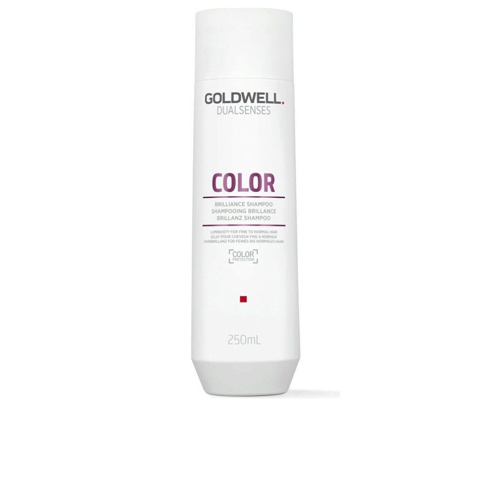 Shampoo Goldwell Dualsenses Color Brilliance. Flacone bianco, testo rosso e viola. Volume 250ml. Prodotto in posizione verticale.