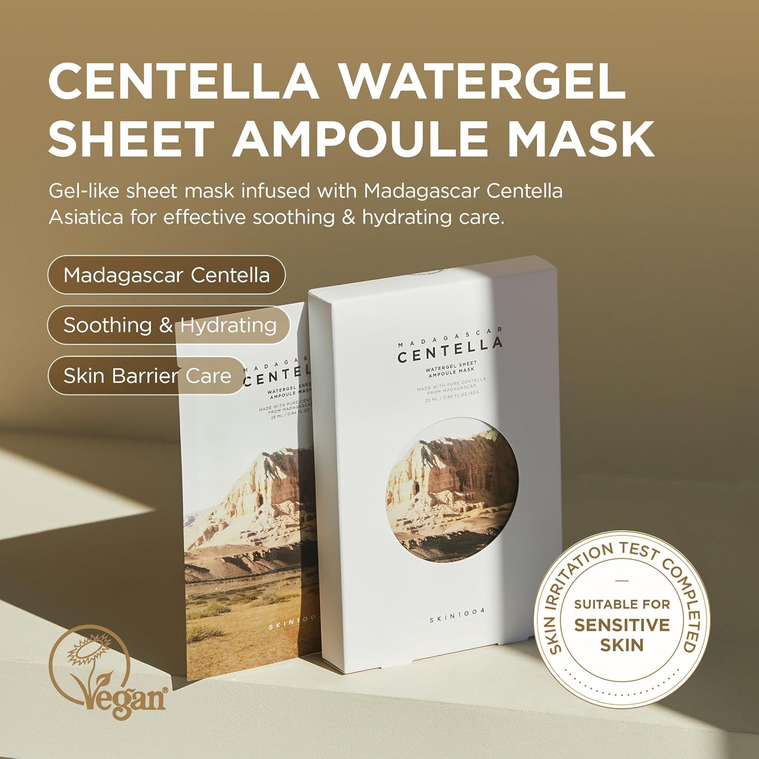 Due confezioni di prodotto. Testo: CENTELLA WATERGEL SHEET AMPOULE MASK. Logo vegano. Certificazione: Skin Irritation Test Completed.