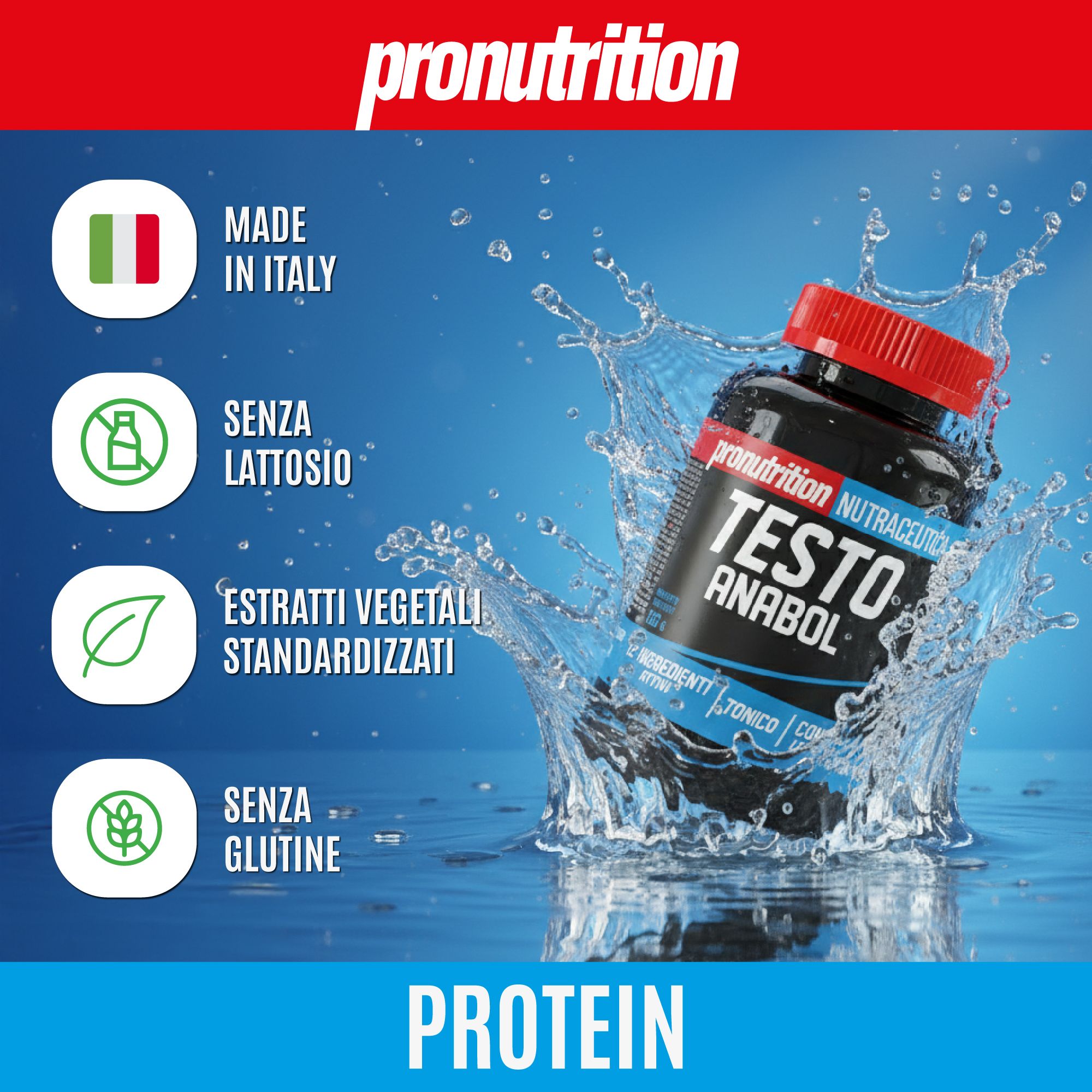 Flacone nero con tappo rosso. Scritta: Testo Anabol. Testo: Made in Italy, senza lattosio, estratti vegetali, senza glutine.