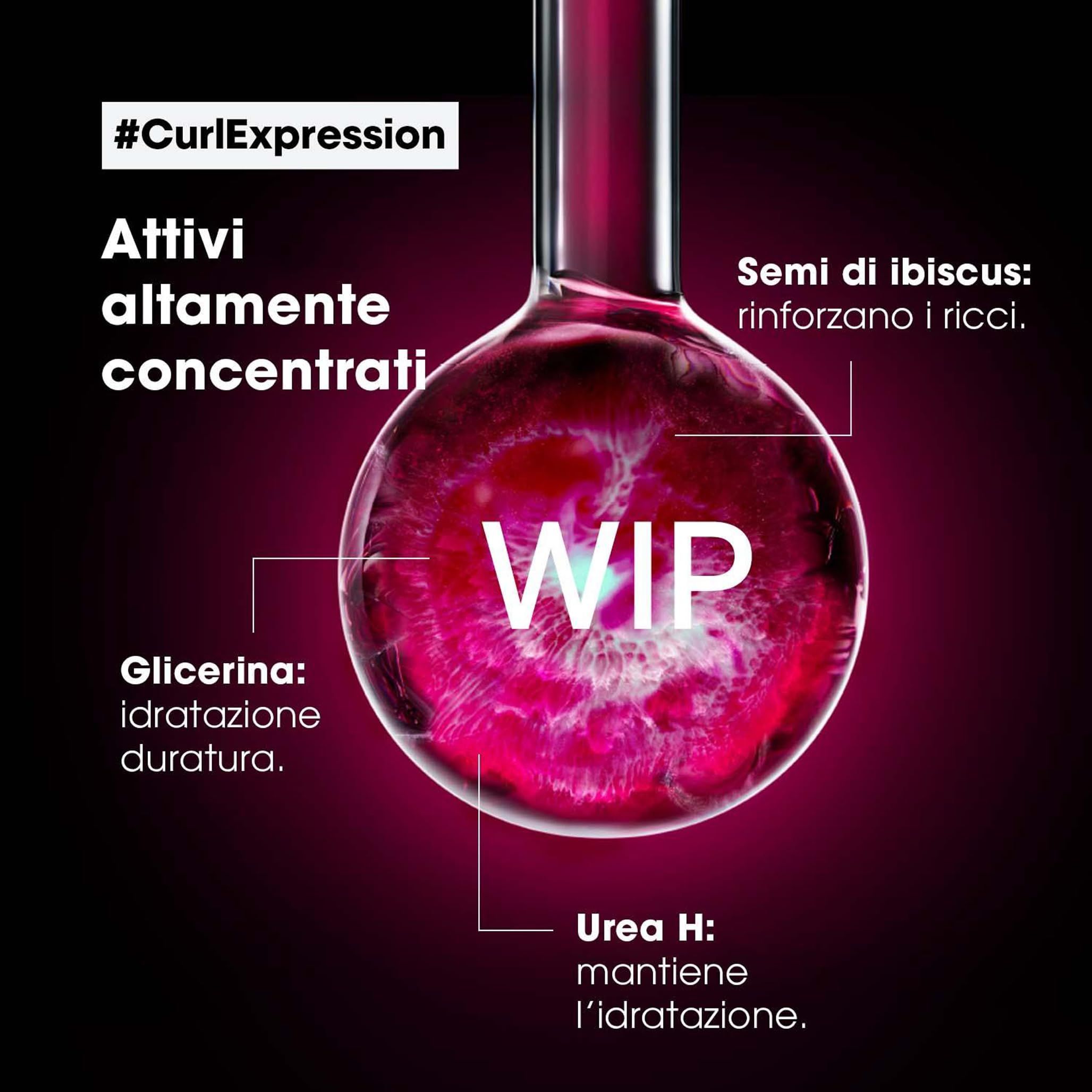 Illustrazione di liquido in un pallone. Testo: glicerina, urea H, semi di ibisco. #CurlExpression.