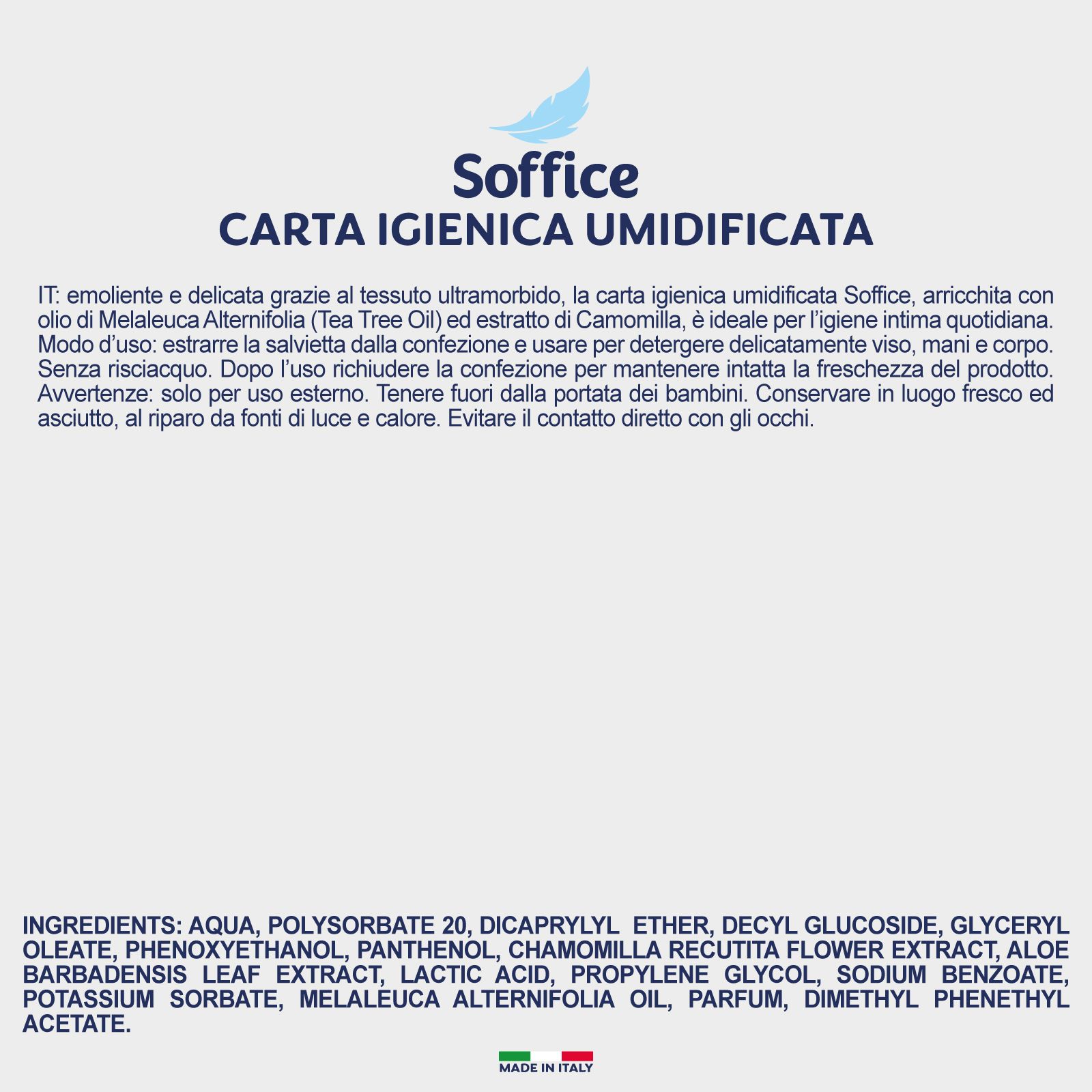 Retro confezione. Testo: "Soffice Carta Igienica Umidificata". Ingredienti e istruzioni per l'uso.