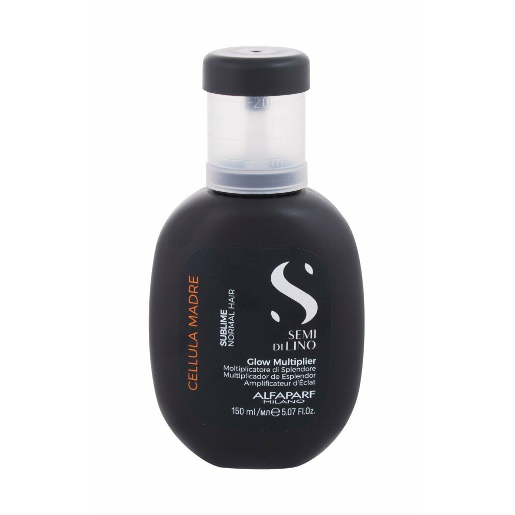 Flacone nero con prodotto. Scritta: CELLULA MADRE, SEMI DI LINO, Glow Multiplier. Marchio: Alfaparf Milano. 150 ml.