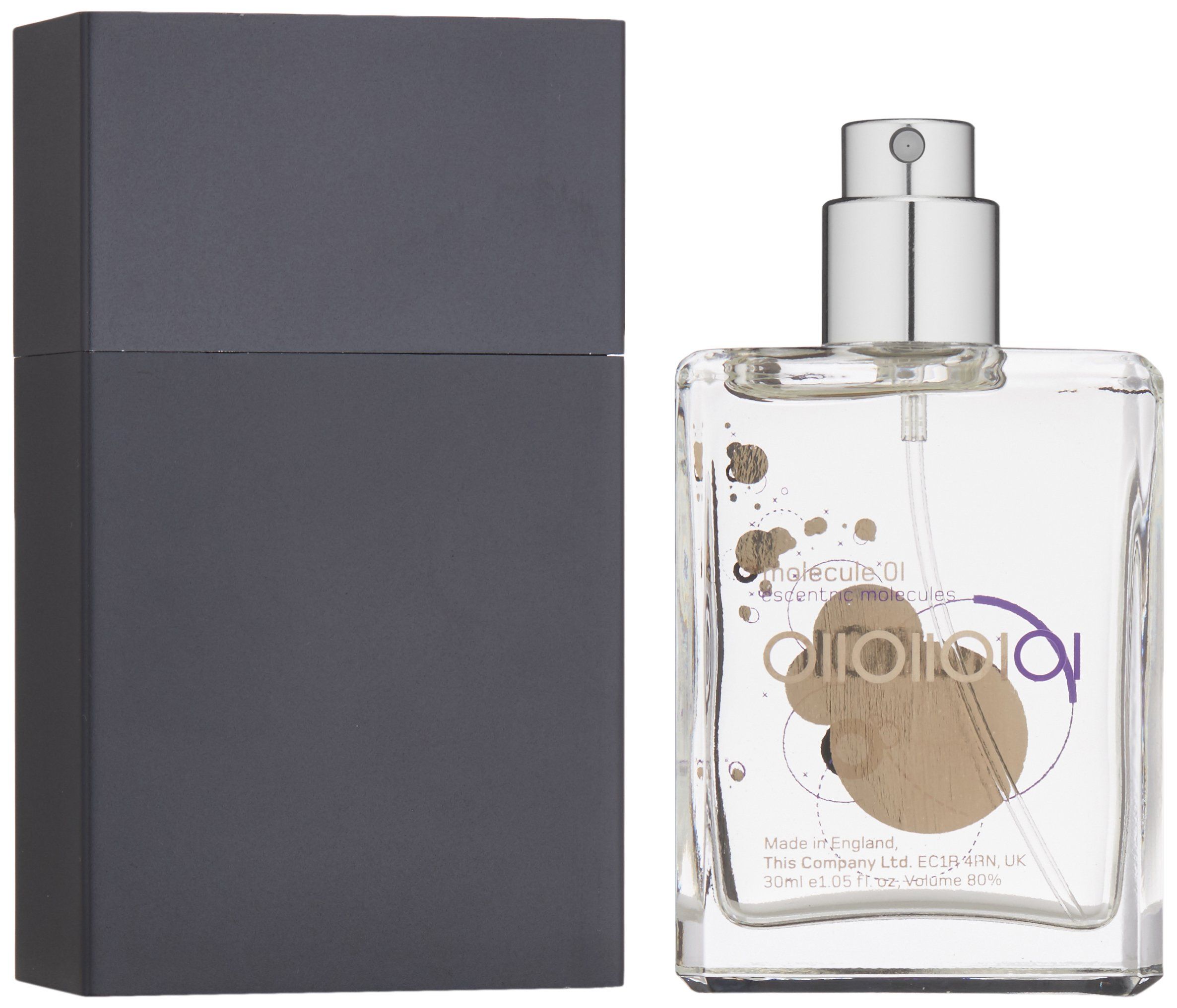 Flacone quadrato in vetro con vaporizzatore e scatola nera separata. Loghi e testo sul flacone.