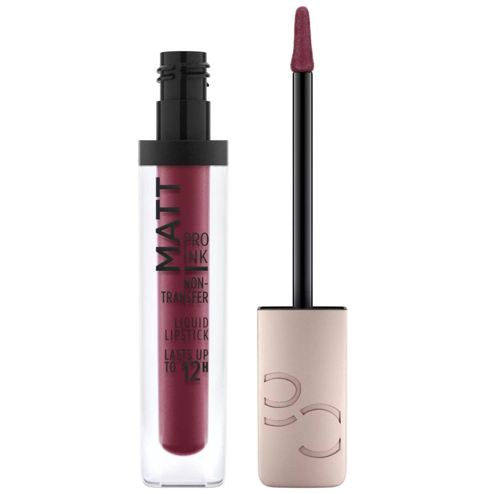 Rossetto liquido con applicatore. Tubo trasparente, tappo nero. Testo: MATT PRO INK, NON-TRANSFER, LIQUID LIPSTICK, LASTS UP TO 12H. Tappo oro rosa.